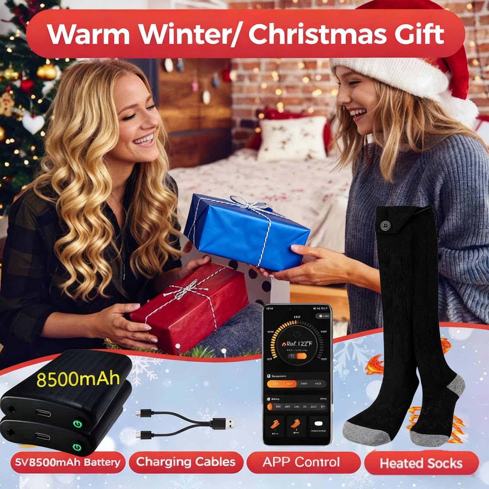 Srliya Chaussettes Chauffantes électriques, Batterie Rechargeable Réglable, Chauffe-Pieds pour l'hiver, Ski, Pêche, Camping, Noir et Gris