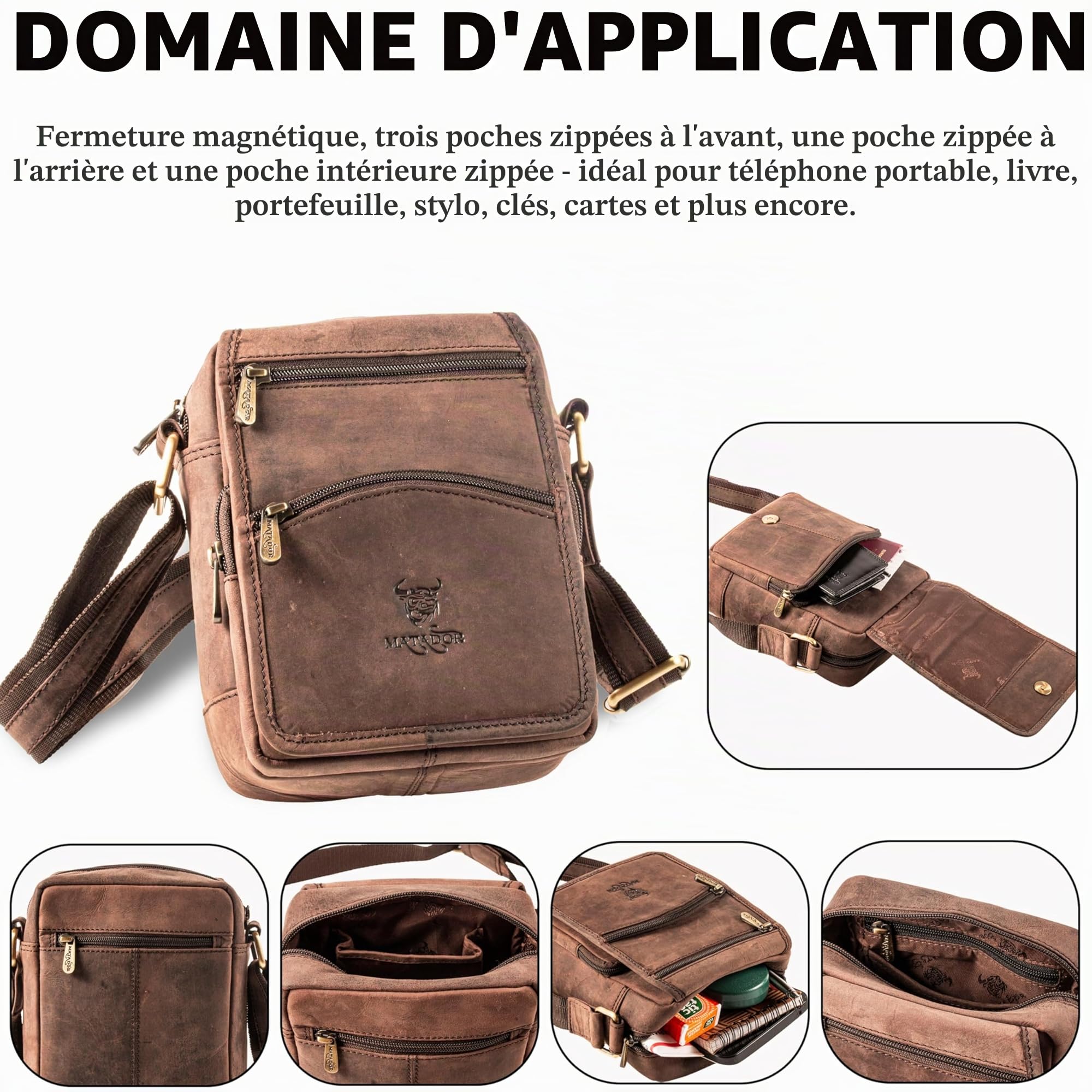 MATADOR Sacoche Homme Cuir Véritable #AVEIRO, Sacs Bandoulière Homme Confortable avec Plusieurs Poches et Sangle Réglable, Sac Bandouliere Adapté à un Usage Quotidien, Marron Foncé