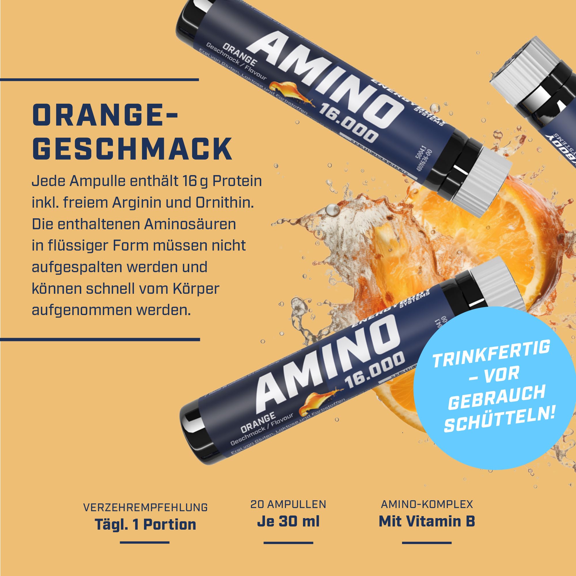 Energybody® Amino Liquid 16.000 - Aminosäuren Komplex Hochdosiert flüssig - 20 Ampullen à 30 ml & 16g Protein mit Arginin & Ornithin, glutenfrei, laktosefrei - Orange
