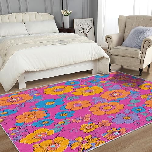 Miniatura 9 de Alfombras retro para sala de estar, lavables, de 5 x 8 pulgadas, con estampado floral de los años 70 y 80, ultra fina, suave, alfombra de