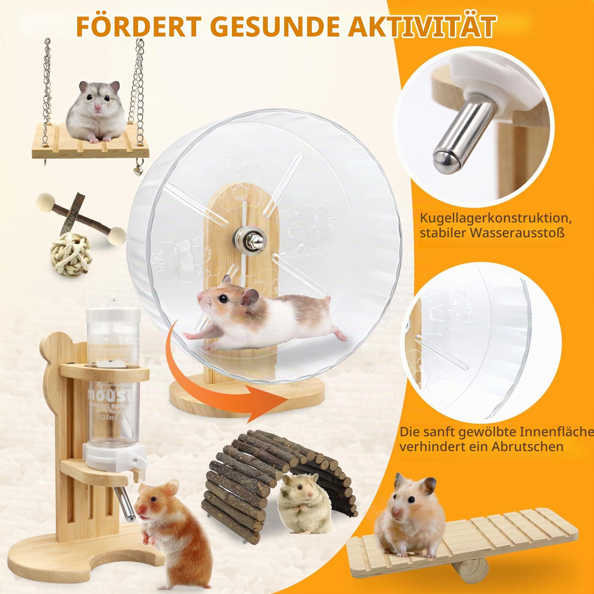 20-teiliges Hamsterkäfig-Zubehörset, 24 cm leises Hamsterrad, Kauspielzeugset, Holzhaus und Trinkflasche mit Ständer für Chinchillas, Kaninchen, Meerschweinchen, Ratten und andere Kleintiere (Gelb)