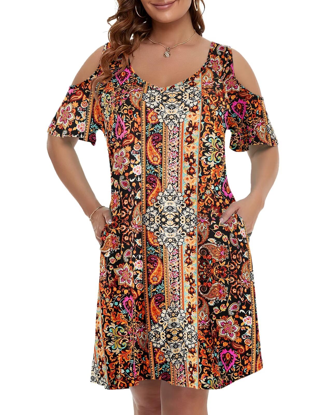 JollieLovin Womens Plus Size Short Sleeve Cold Shoulder V Neck T-Shirt Dress with Pockets