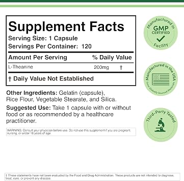 L-Theanine 200mg, Calm Focus + Relaxation Without Drowsiness, 120 Capsules | Calm Focus + Relaxation Supplement, 200mg Double-Strength Single-Ingredient, Non-Sedating, AM or PM, 4-Month Supply, Non-GMO