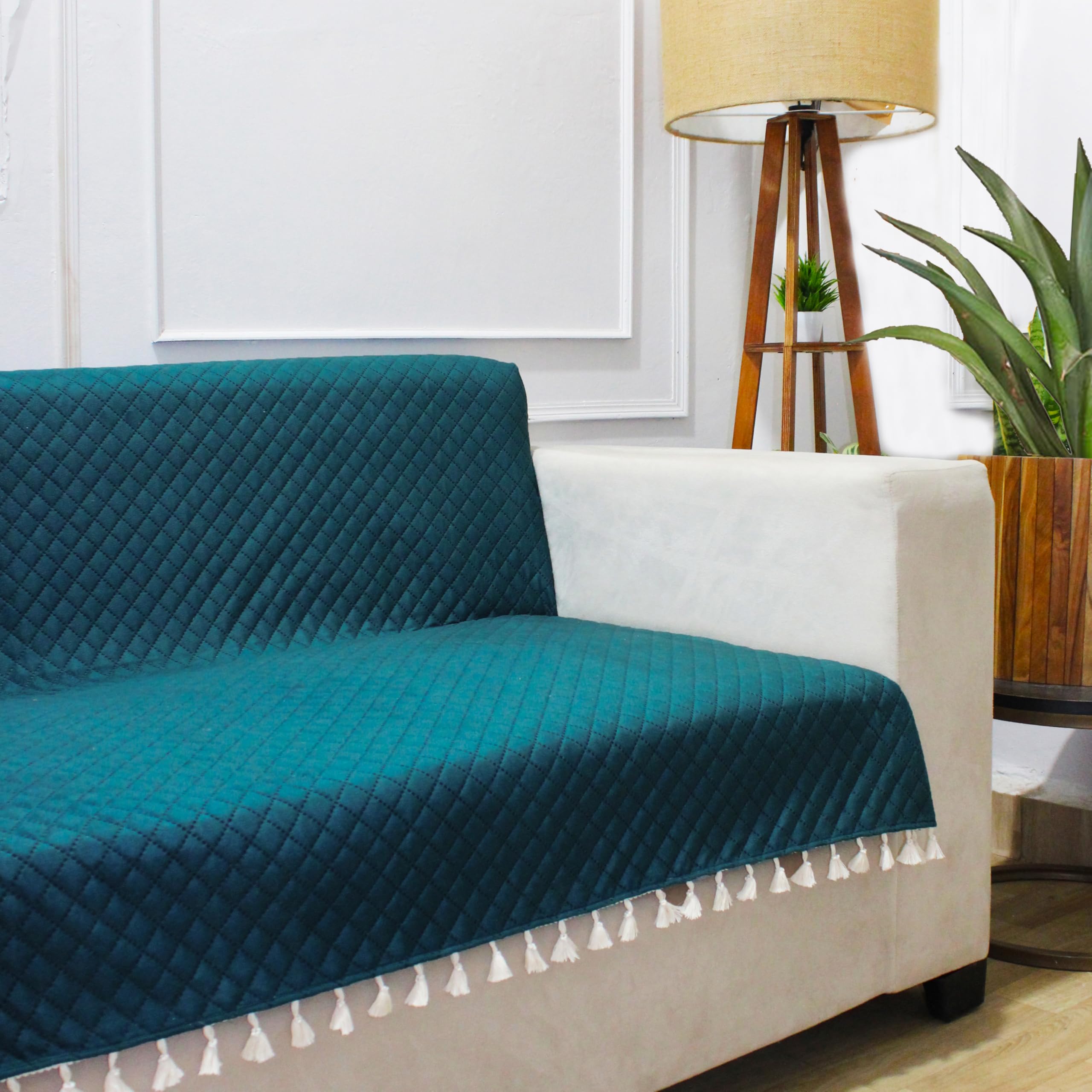 STITCHNEST 'Maison Plush Series' Quilted Velvet Sofa Cover 3+1+1 Seater Fully Covered | Premium Soft Fabric, Washable & Fade Resistant | Castelton Green Sofa Protector with Tassels | 5 Seater