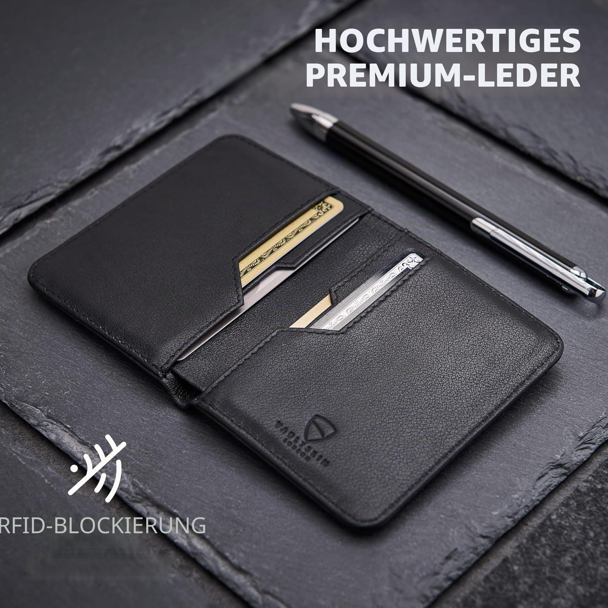 Vaultskin City Slim Leder Geldbörse Herren, Mini Portmonee, RFID (Schwarz) | Minimalistischer Geldbeutel und Wallet, 9 Karten, Euro-Scheine passen ungefaltet, Schutz vor unbefugtem Auslesen, Geschenkbox