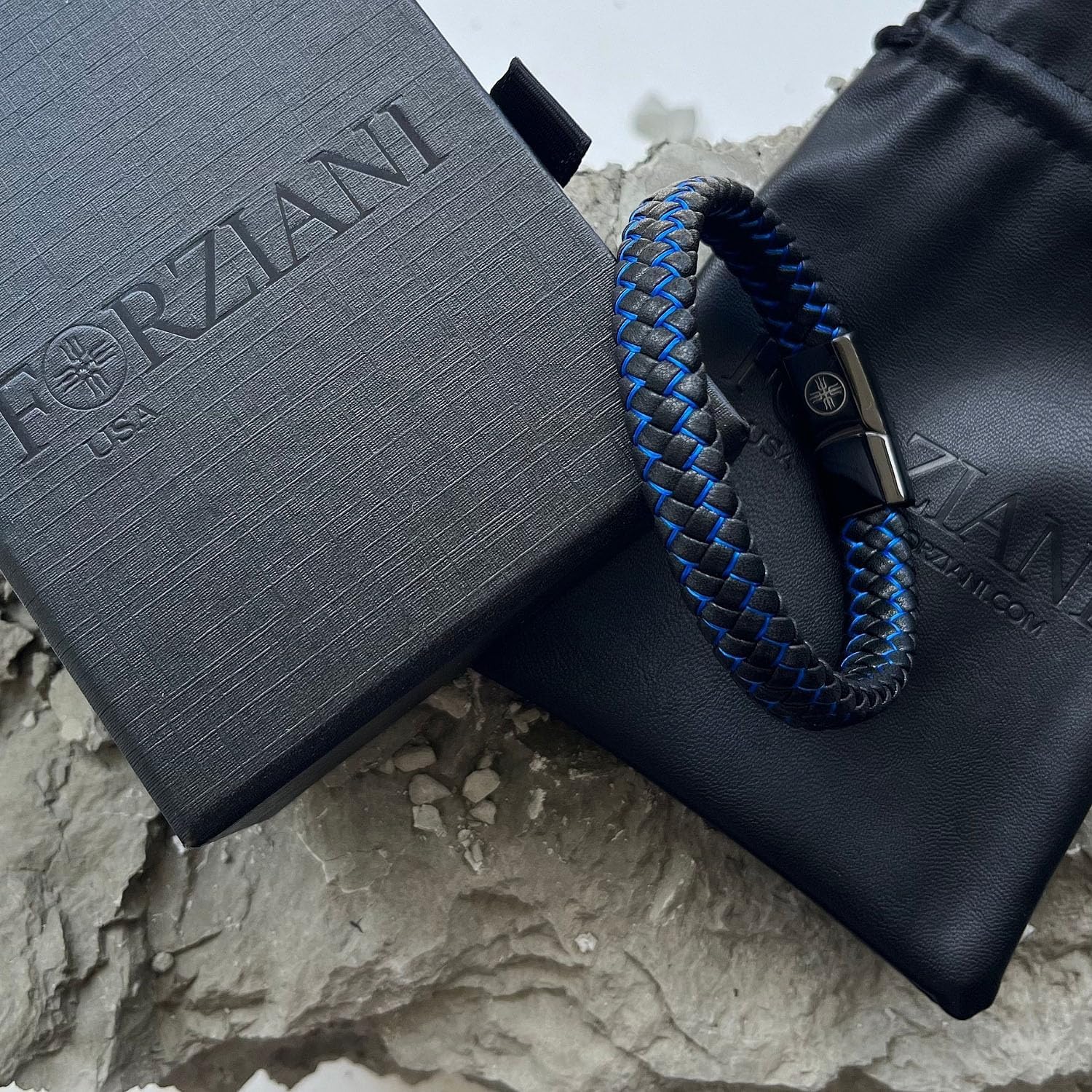 Forziani Premium Black Blue American Woven Leather Bracelet for Men – Genuine Braided Leather Wristband with Stainless Steel Clasp - Size Large - Gift Box Packaging Included - Mens Gift - Image 4