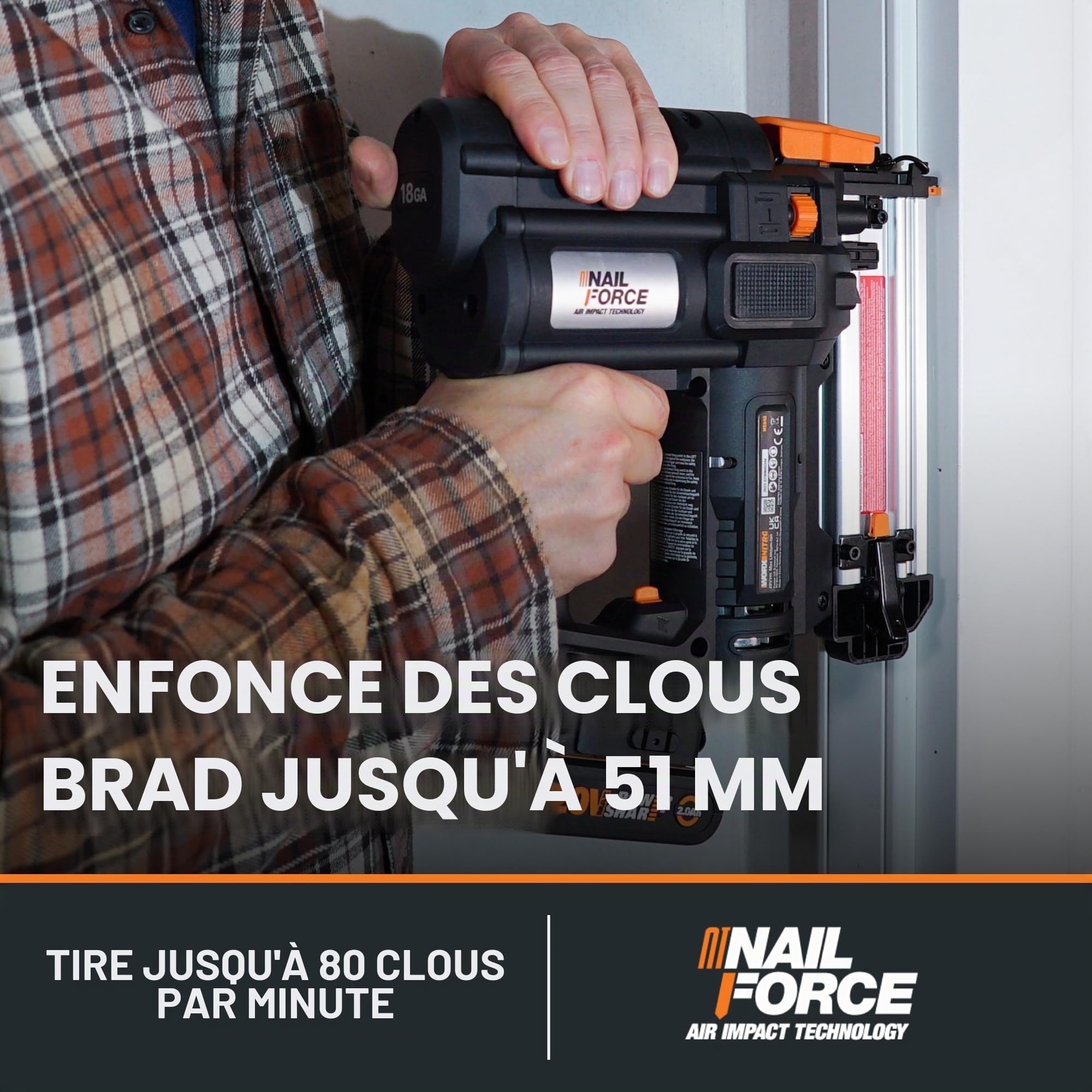 Cloueuse à batterie 20 V - 18 GA | Worx | PowerShare | WX842.9 | Clous de 1,2 mm et jusqu'à 50 mm de long