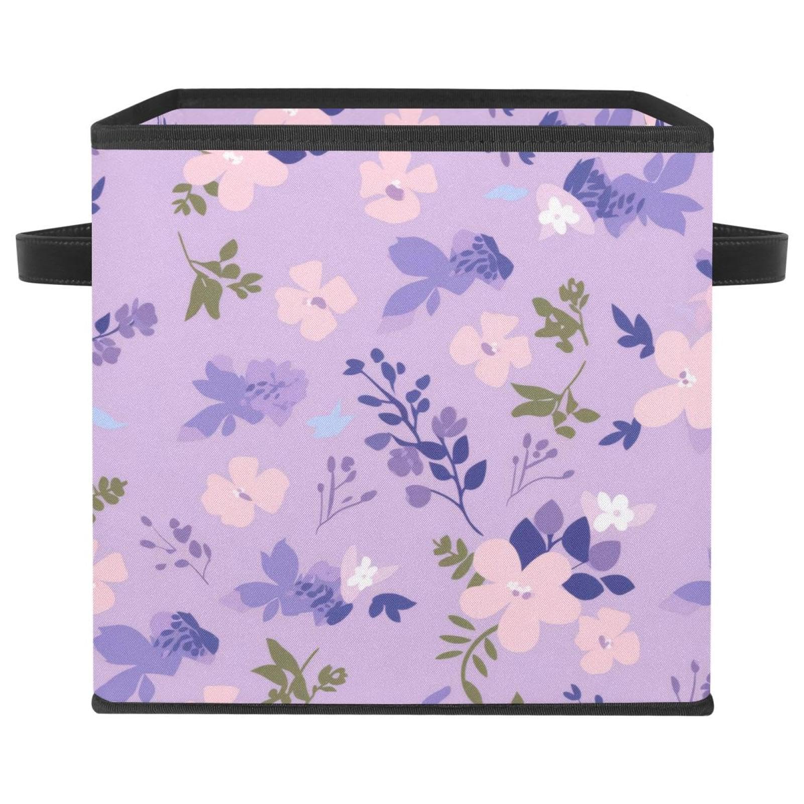 Bac de rangement cube violet à poignées cuir : boîte pliable fleurie pour optimiser la maison