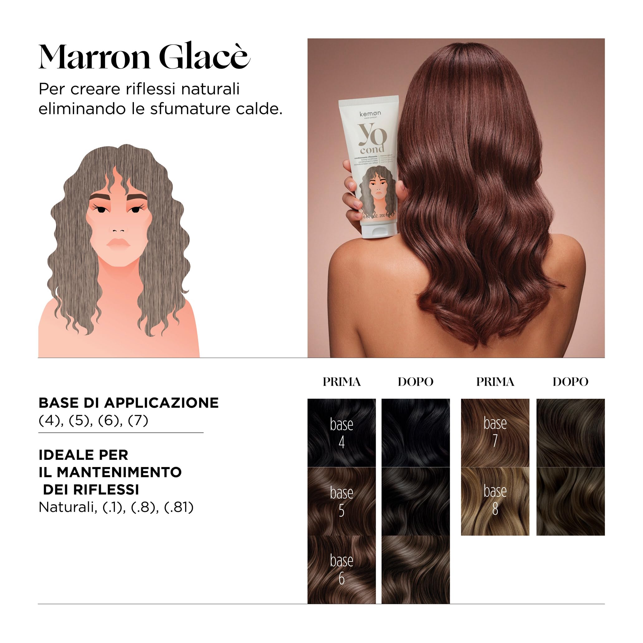 Kemon Yo Cond Marron Glacé - Maschera Riflessante Professionale con Formula YoVeg e Velian Complex, Nutre e Illumina i Capelli in 3 Minuti, 88% Ingredienti Naturali, 200 ml