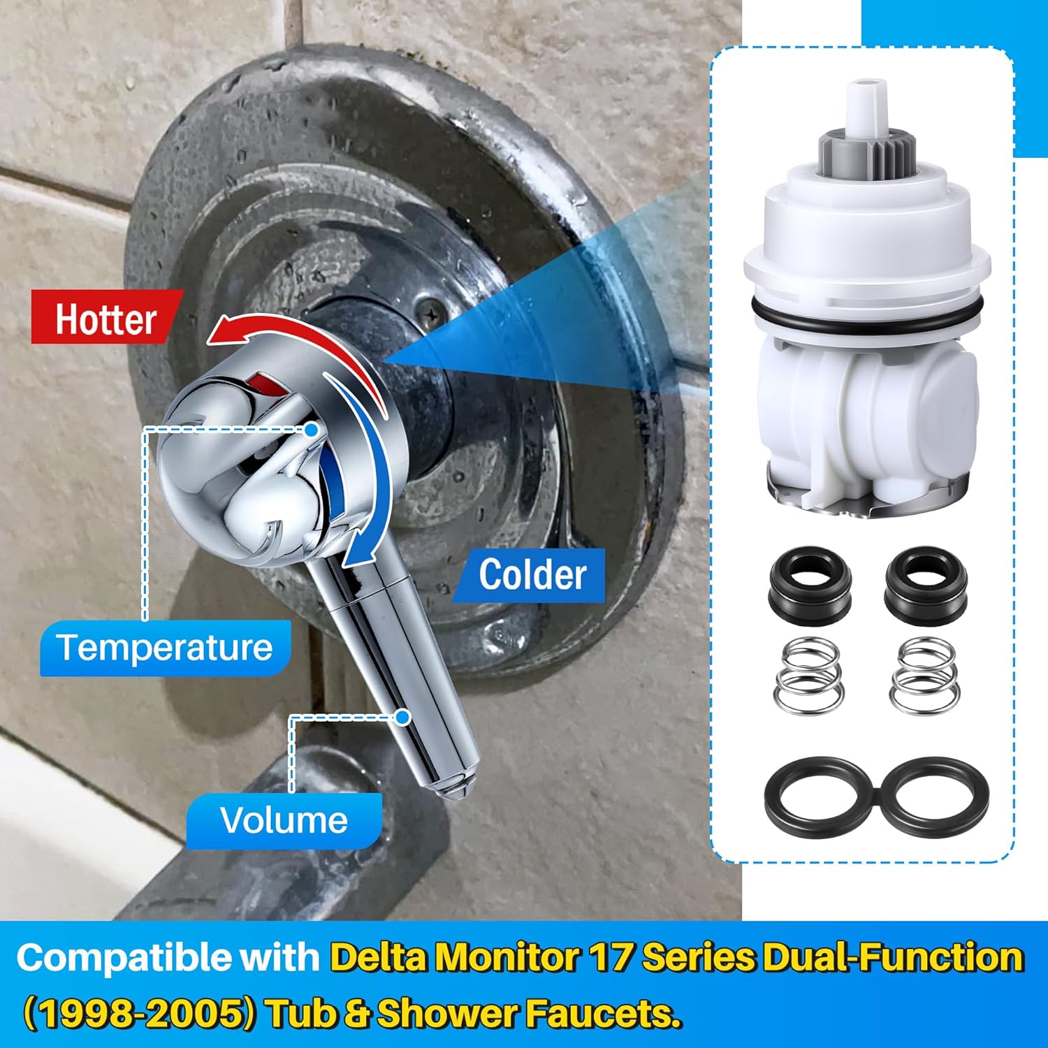 Lever Handle and Cartridge Assembly Kit, Compatible with Delta Series 1700 Monitor Tub and Shower Faucets, Single Lever Handles Set with Faucet Cartridge Replacement, Chrome