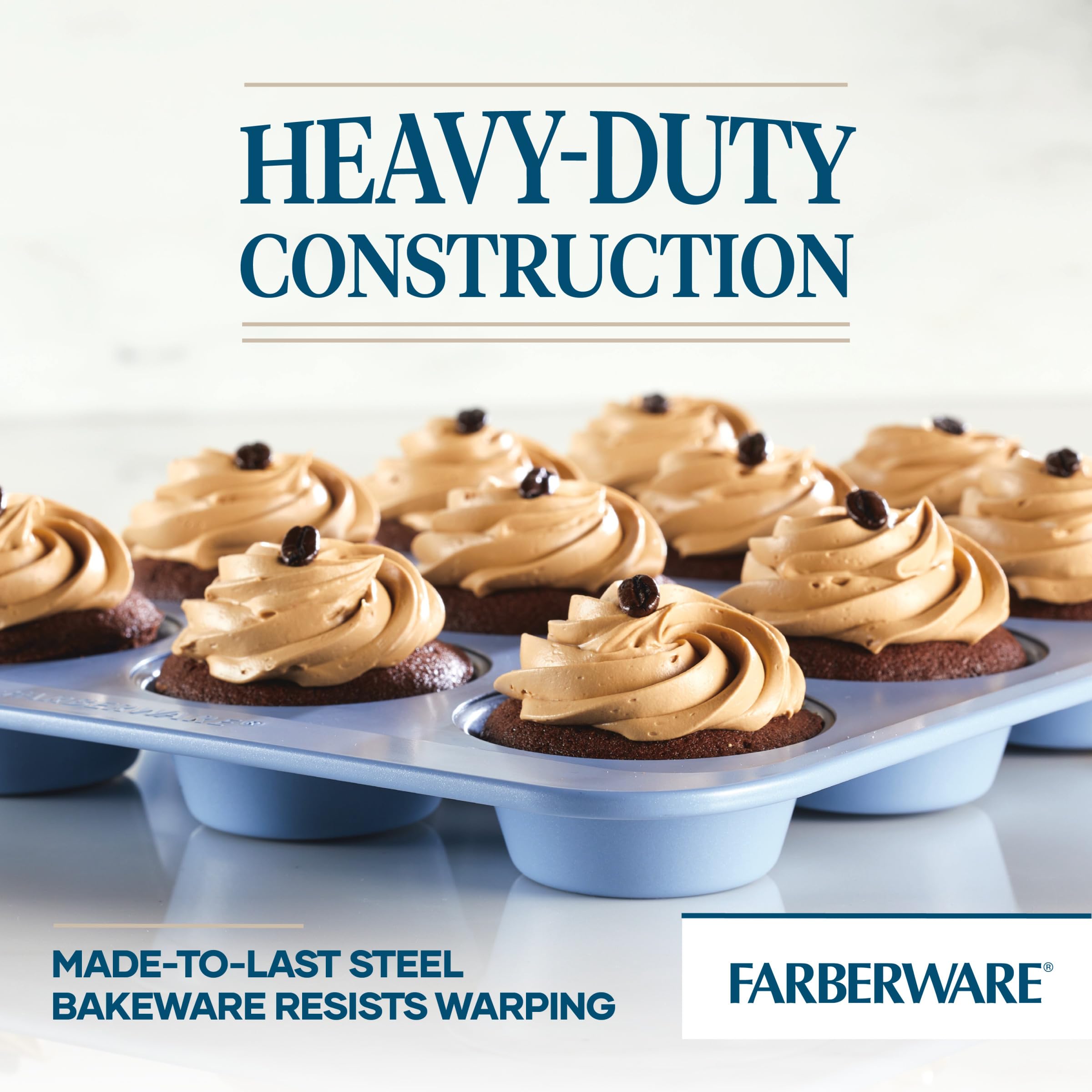 Farberware Easy Solutions - Molde antiadherente para hornear magdalenas/magdalenas, 12 tazas con líneas de relleno, color azul