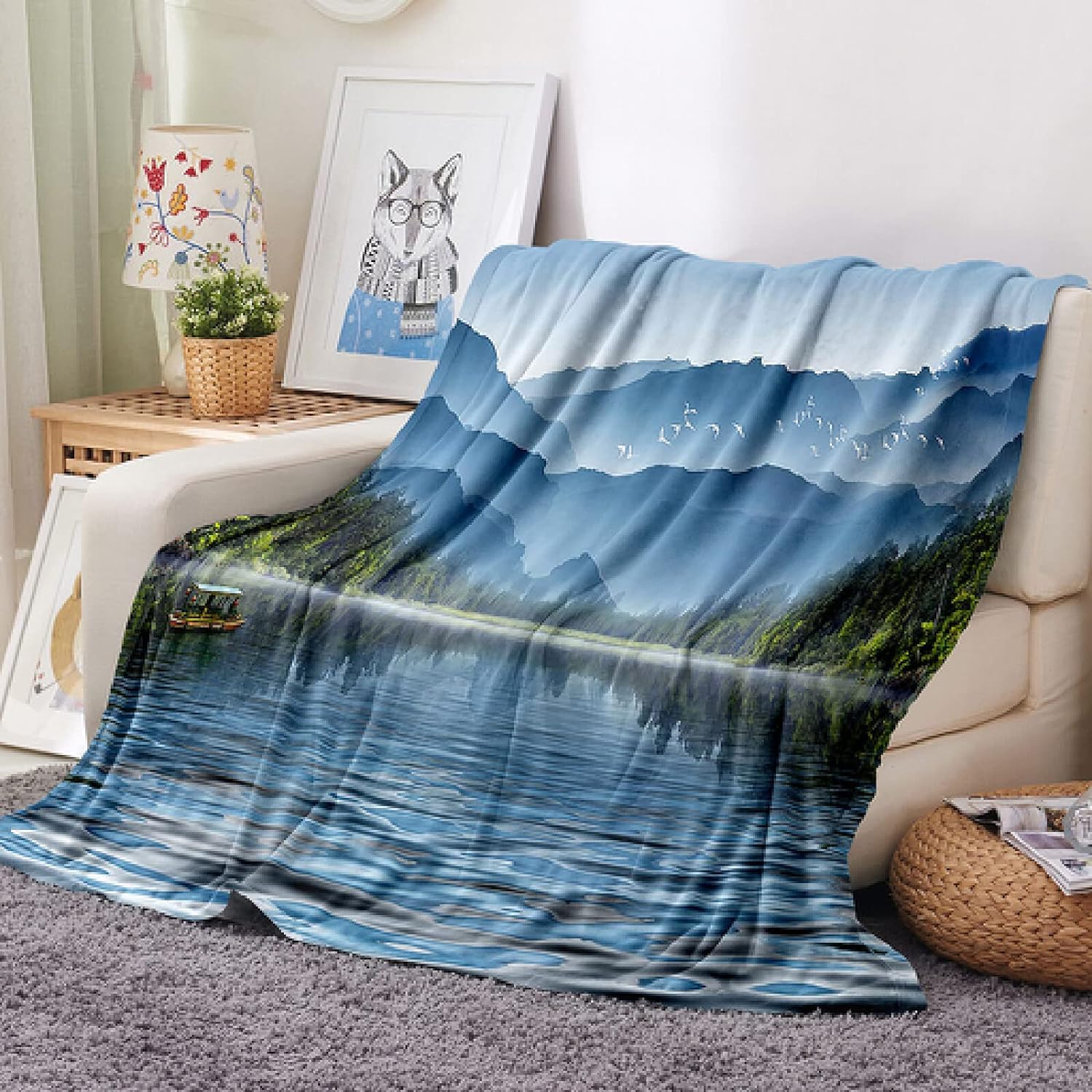 Couverture Polaire 240x220 cm Forêt Plaid Polaire Lit 2 Personne 3D Imprimée Montagne Couverture Doux et Chaud Plaid pour Canapé Lit, Blanket pour Adultes Enfants E420