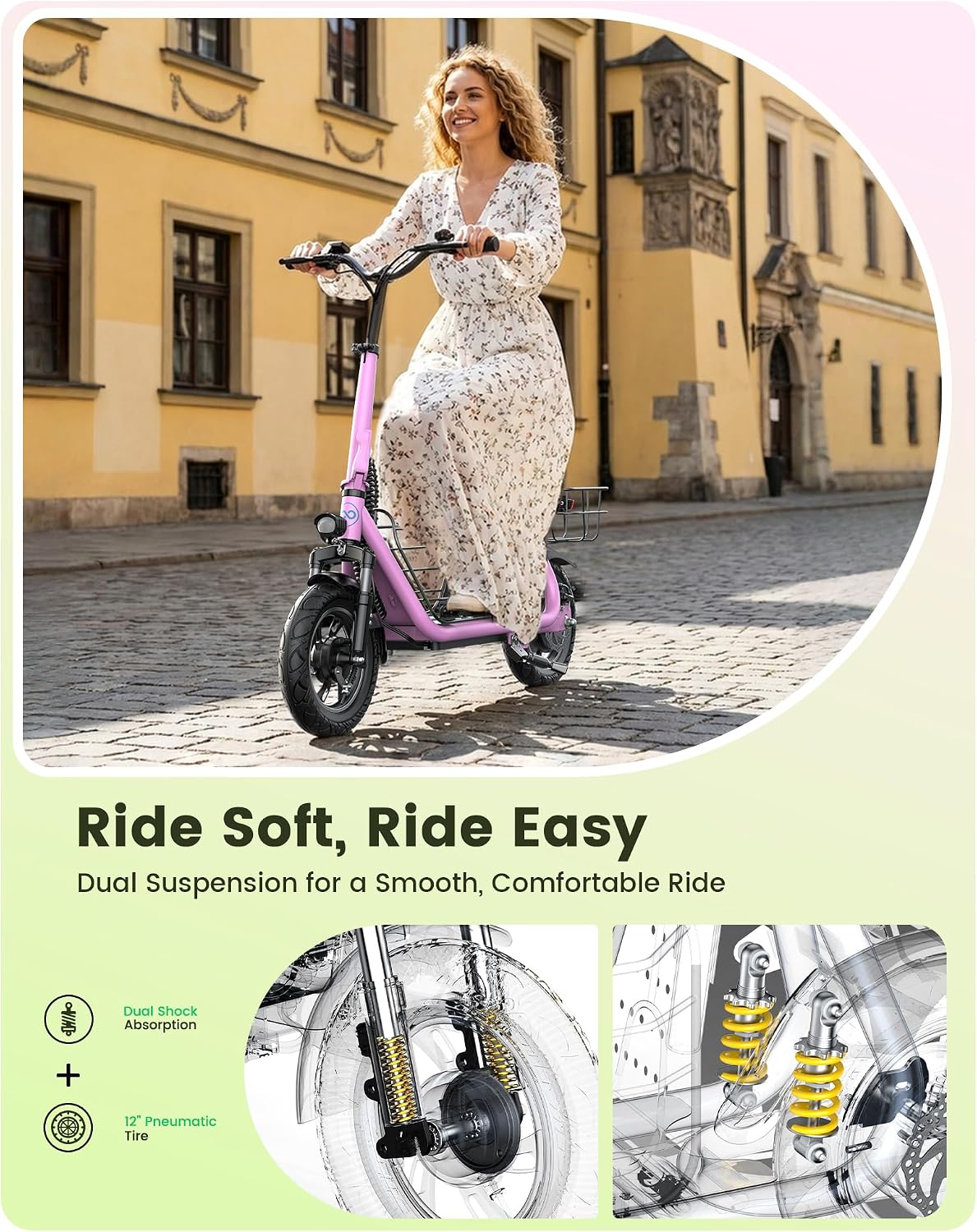 Išsamus view of the Gyroor C1Pro electric scooter's dual suspension system and 12-inch pneumatic tires, designed for a smooth and comfortable ride over varied surfaces.
