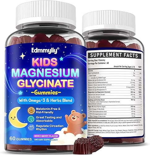 Gomitas de glicinato de magnesio para niños, suplemento de glicinato de magnesio de 200 mg con L-teanina Omega-3, vitamina de calcio D3 y B12 para