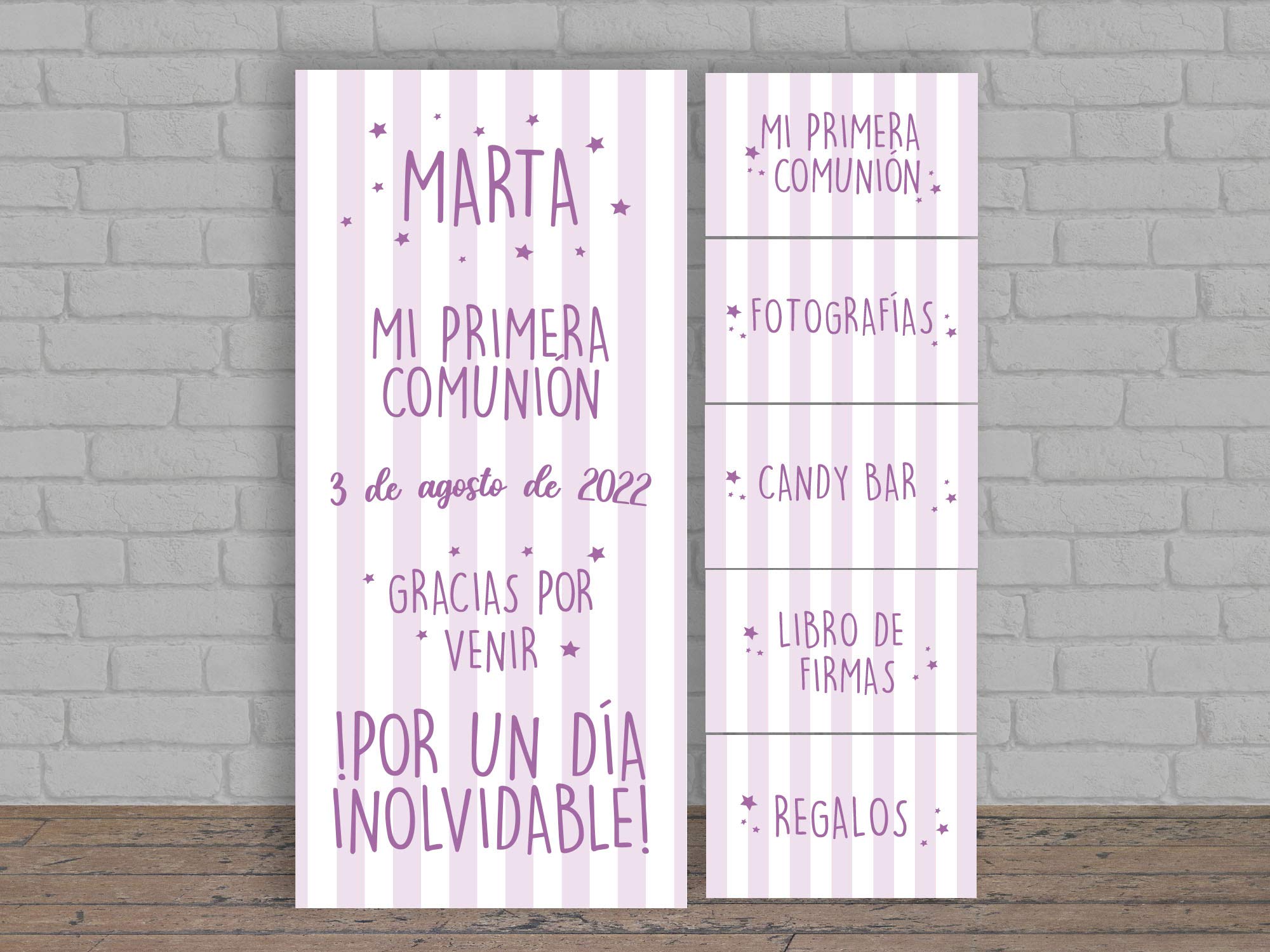 Oedim Photocall Infantil para Comunión Personalizado en Lona + 5 Carteles en Cartón Rayas Rosa y Blanco | Varias Carteles | Photocall Personalizado Económico y Original |