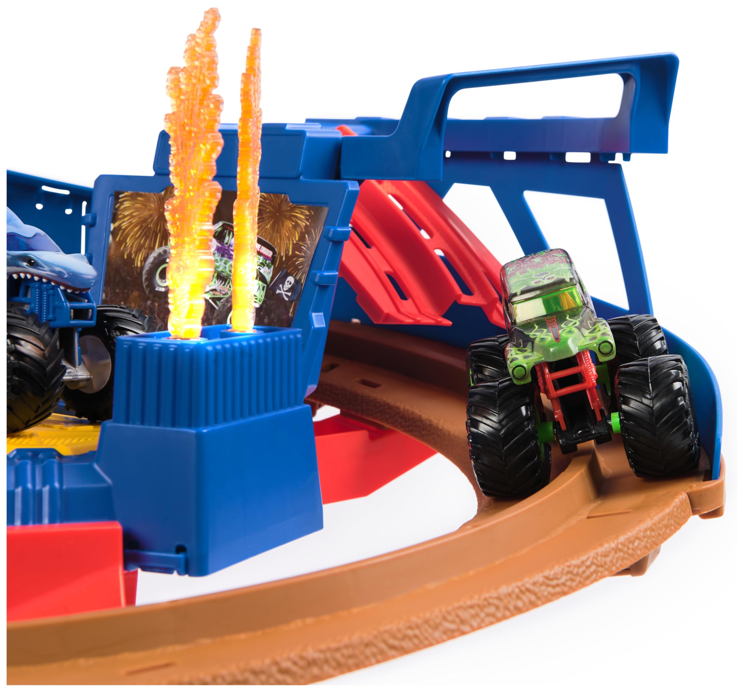 Monster Jam, Supercharge Speedway Spielset, mit den Trucks Megalodon und EL Toro Loco im Maßstab 1:64, actiongeladene motorisierte Stunt-Strecke mit Rampen, Beleuchtung und viel Zubehör, ab 3 Jahren | Maßstab 1:64, El Toro Loco und Megalodon, kompatibel m