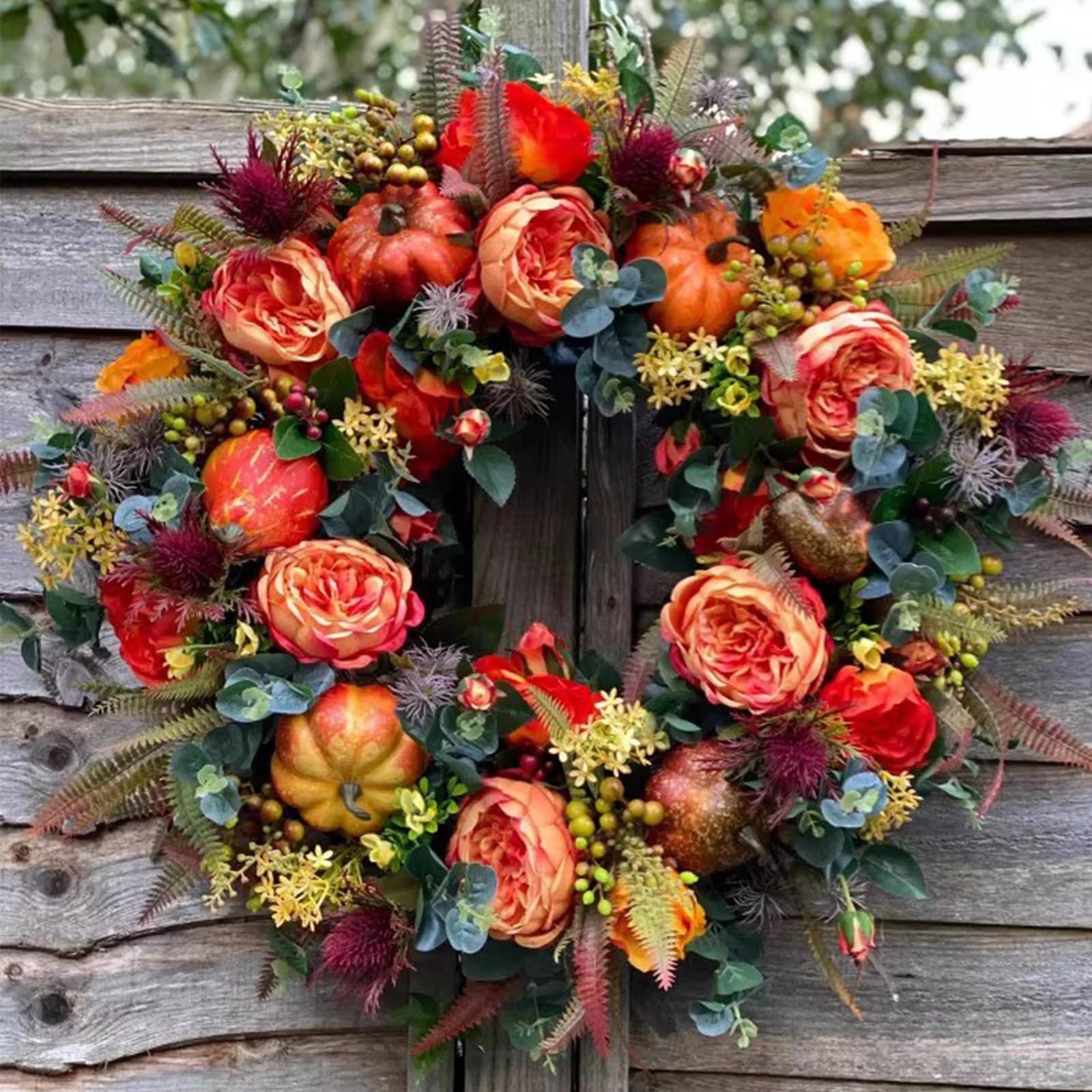 Fall Peony and Pumpkin Wreath, Autumn Front Door Decor, Farmhouse Wreaths with Maple Leaf Berry Pumpkin Pinecone, for Halloween, Thanksgiving, Seasonal Home Decor(1pc)