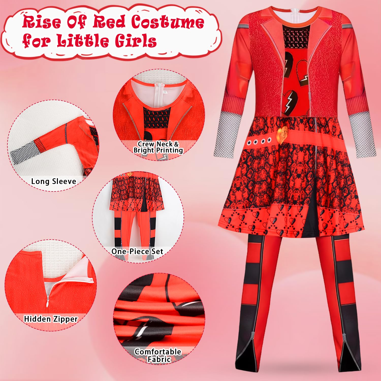TOYTOPIE Rise Of Red Costume for Girls Red Hero Costume Set including Long Sleeve Jumpsuit, Wig and Gloves - Image 2