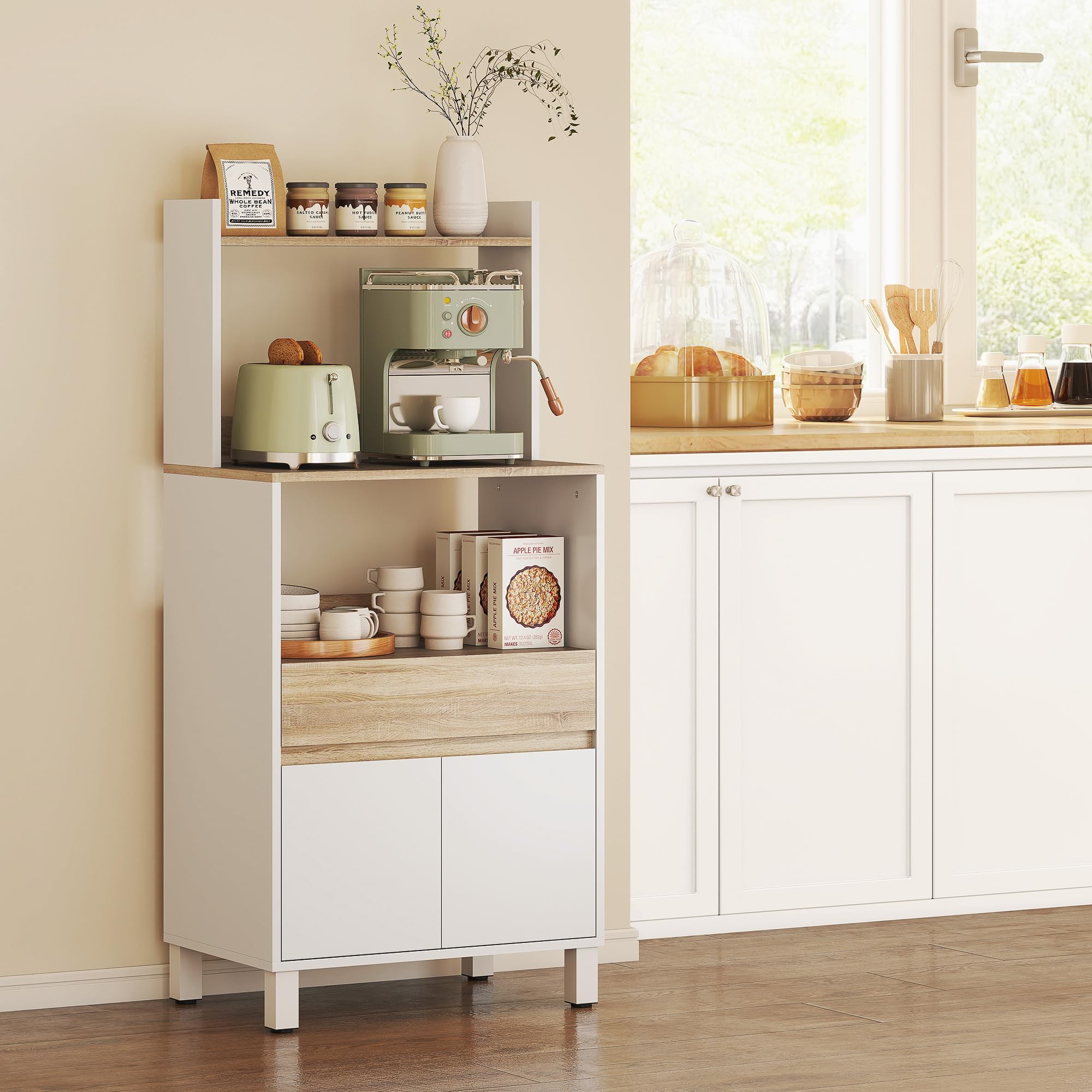 HOMCOM Mobile Microonde con Armadietto a 2 Ante Soft Close, Credenza Cucina Microonde con Cassetto, Piano per Elettrodomestici, Scaffale Superiore, Ripiano Aperto, per Soggiorno, 60x40x131cm, Bianco