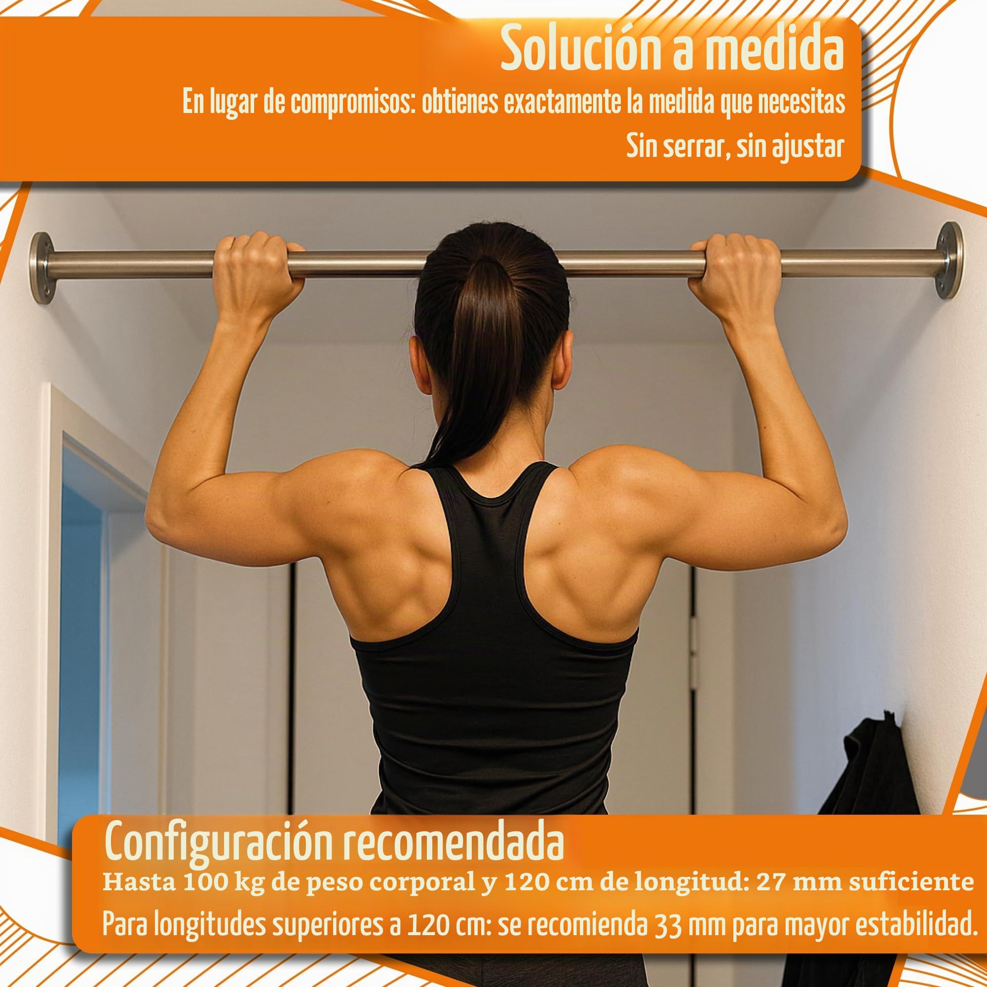 Barra de dominadas de acero inoxidable para montaje en pared; Fabricación a medida hasta 150 cm Incluye kit de fijación · Ideal para pasillo, casa, apartamento, oficina o gimnasio en casa