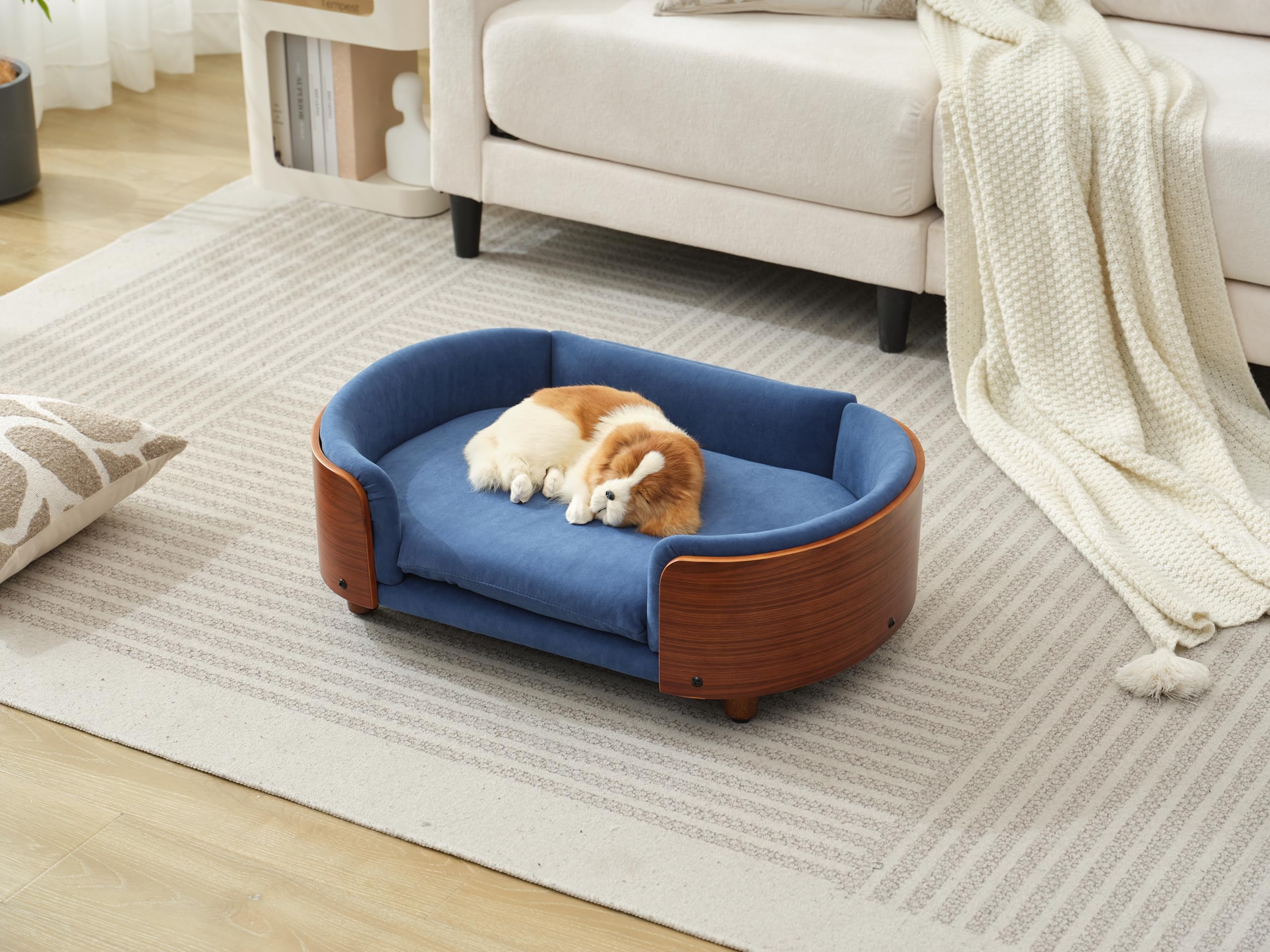Modern Elevated Dog Cat Sofa, Pet Sofa Dog Cat Bed with Solid Wood Legs and Bent Wood Back with Velvet Cushion for Cute Cats and Small Dogs (Dark Blue)