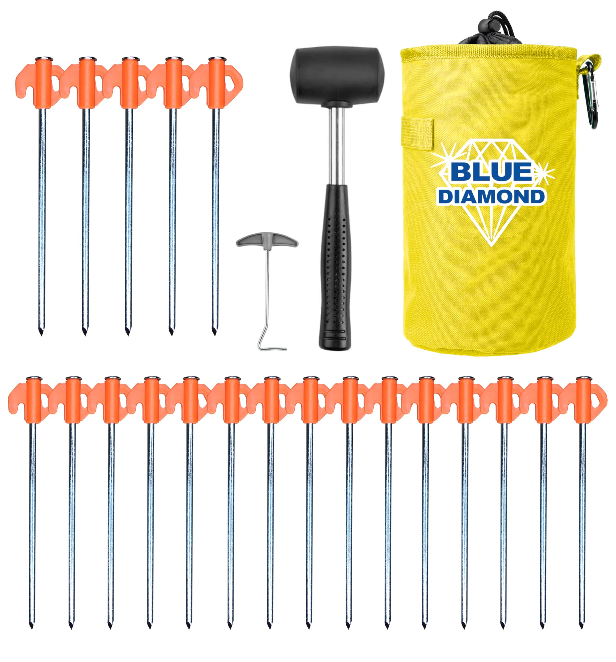 Blue Diamond Heavy Duty Tent Pegs - 20 Pack Hard Ground Tent Pegs, Camping Pegs for Awnings, Gazebos, Outdoor Use - Galvanized Steel (Deluxe Kit (Mallet, Peg Puller, Carry Bag))