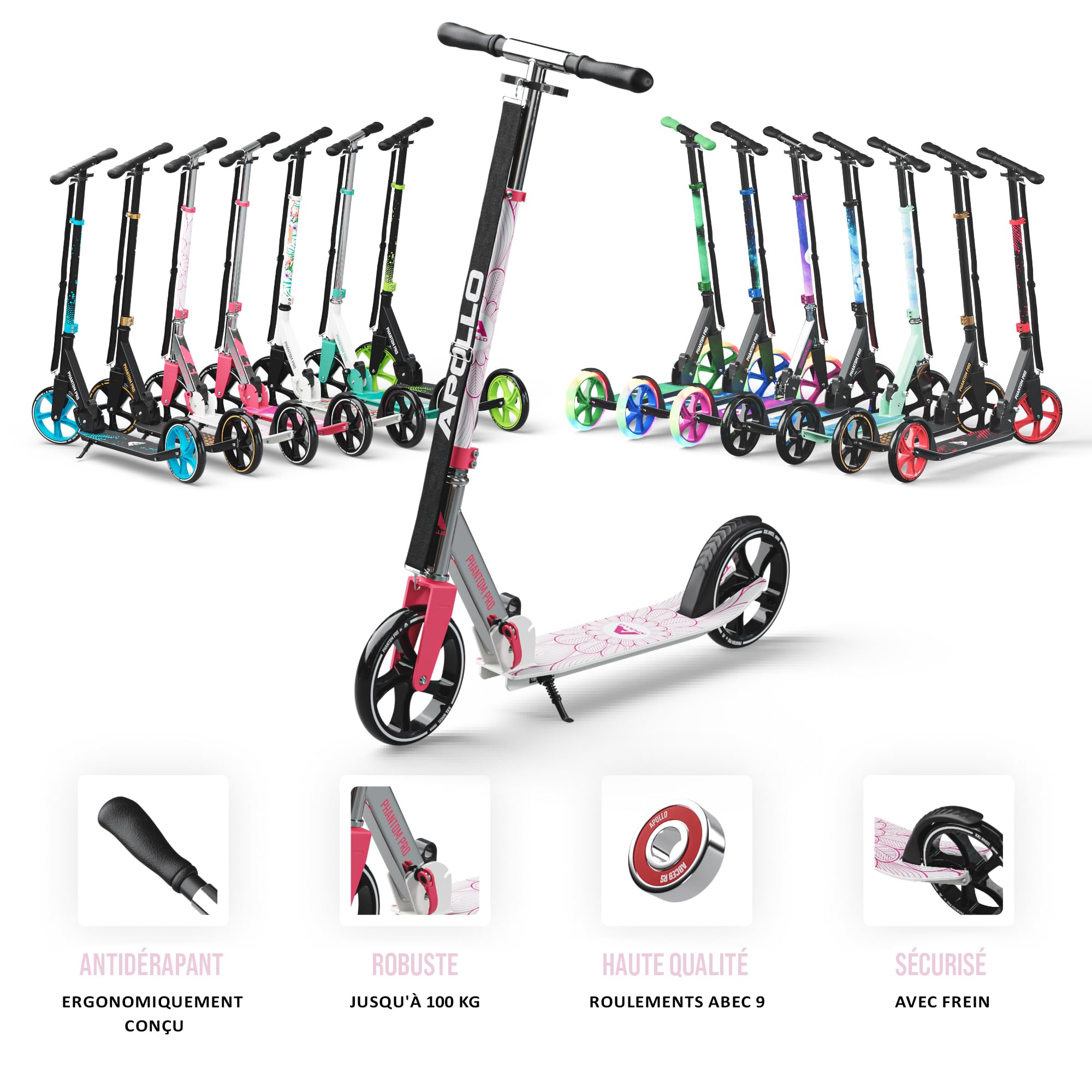 Apollo Trotinette aux Roues XXL - 200mm - Trotinette Freestyle de Ville Phantom Pro - City Scooter Pliable et à Hauteur Ajustable pour Adultes et Enfants