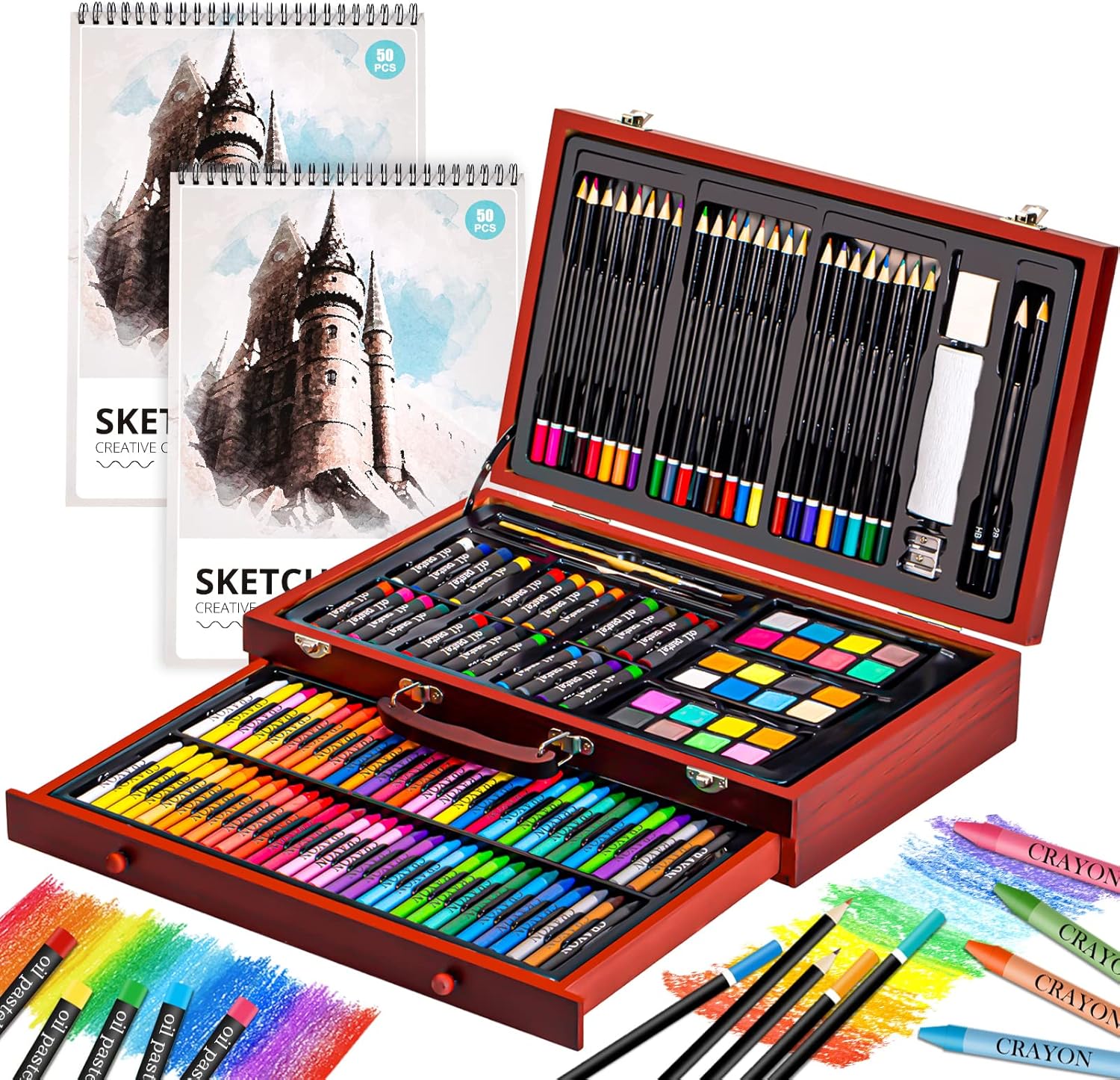 Art Supplies, Deluxe Wood Art Set for Artist, Various Painting Supplies, Including Crayons, Colored Pencils, Oil Pastels, Watercolor Cakes, and All The Tools You Need. : Arts, Crafts & Sewing