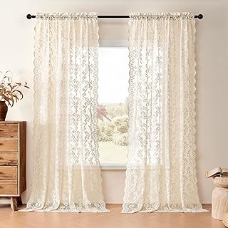 Beige Lace Curtains 108 Inches Long 2 Panels Paisley Floral Curtains for Living Room Bedroom Decor Rod Pocket Light Filtering Sheer Curtains for Large Window Dining Room Neutral Drapes, 52x108 - Buy now
