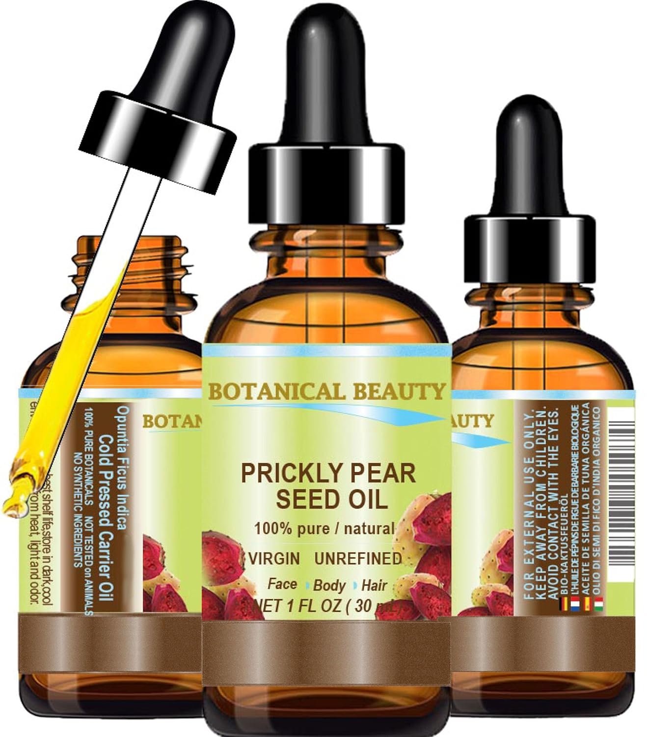 Botanical Beauty PRICKLY PEAR CACTUS SEED OIL 100% Pure Natural Undiluted Virgin Unrefined Cold Pressed Carrier Oil 1 Fl Oz - 30 ml for Face, Skin, Hair, Lip, Nails. Anti-Aging Rich in Vitamin C