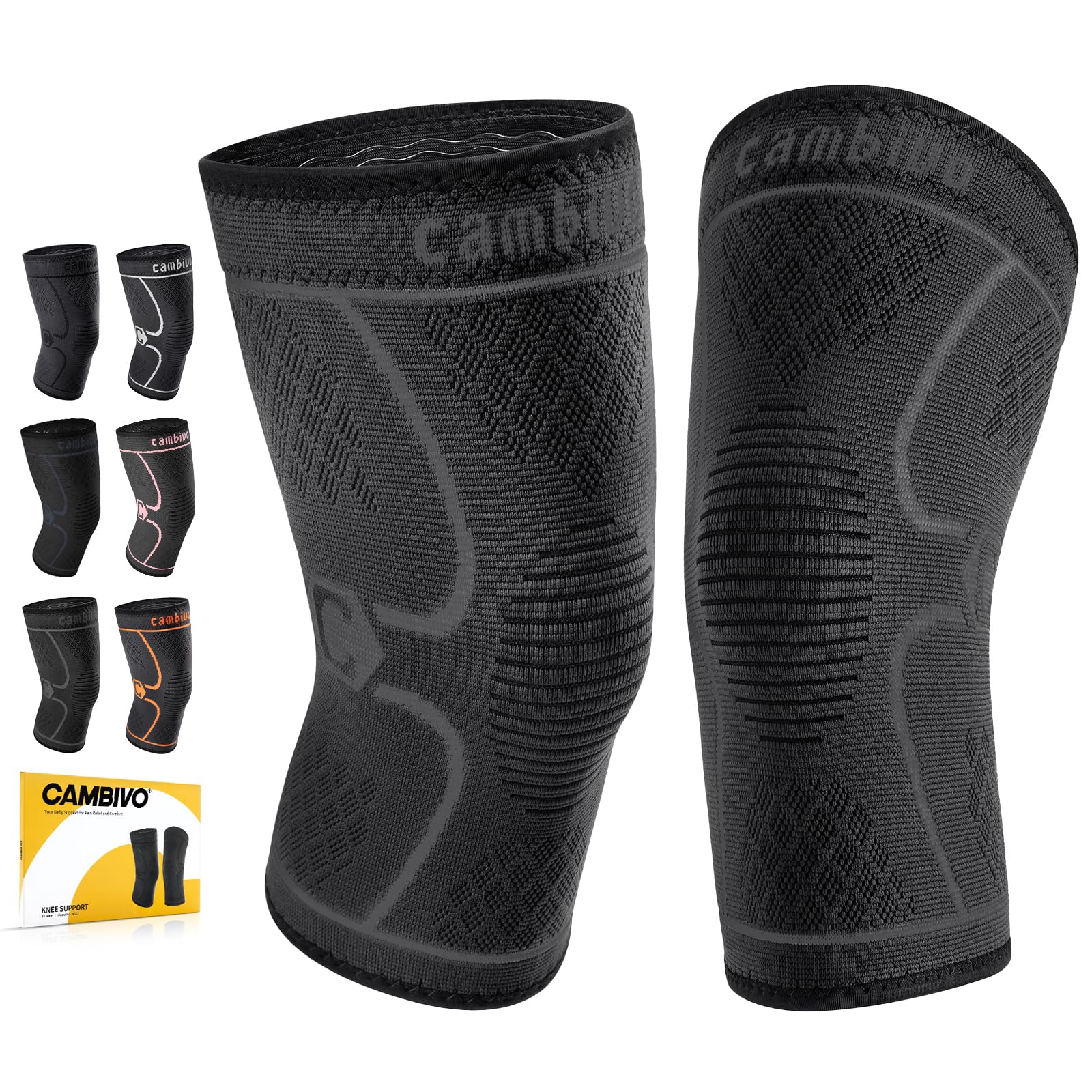 CAMBIVO Knee Brace Support(2 Pack), Knee Compression Sleeve for Running, Hiking, Basketball, Arthritis, Meniscus Tear, Knee Pain Relief and Injury Recovery
