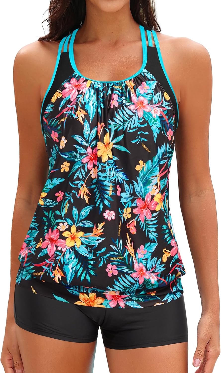 Yonique Two Piece Tankini Bathing Suits T-Back Blouson Swim Tops with Boy Shorts Women Swimsuits Sporty Swimwear