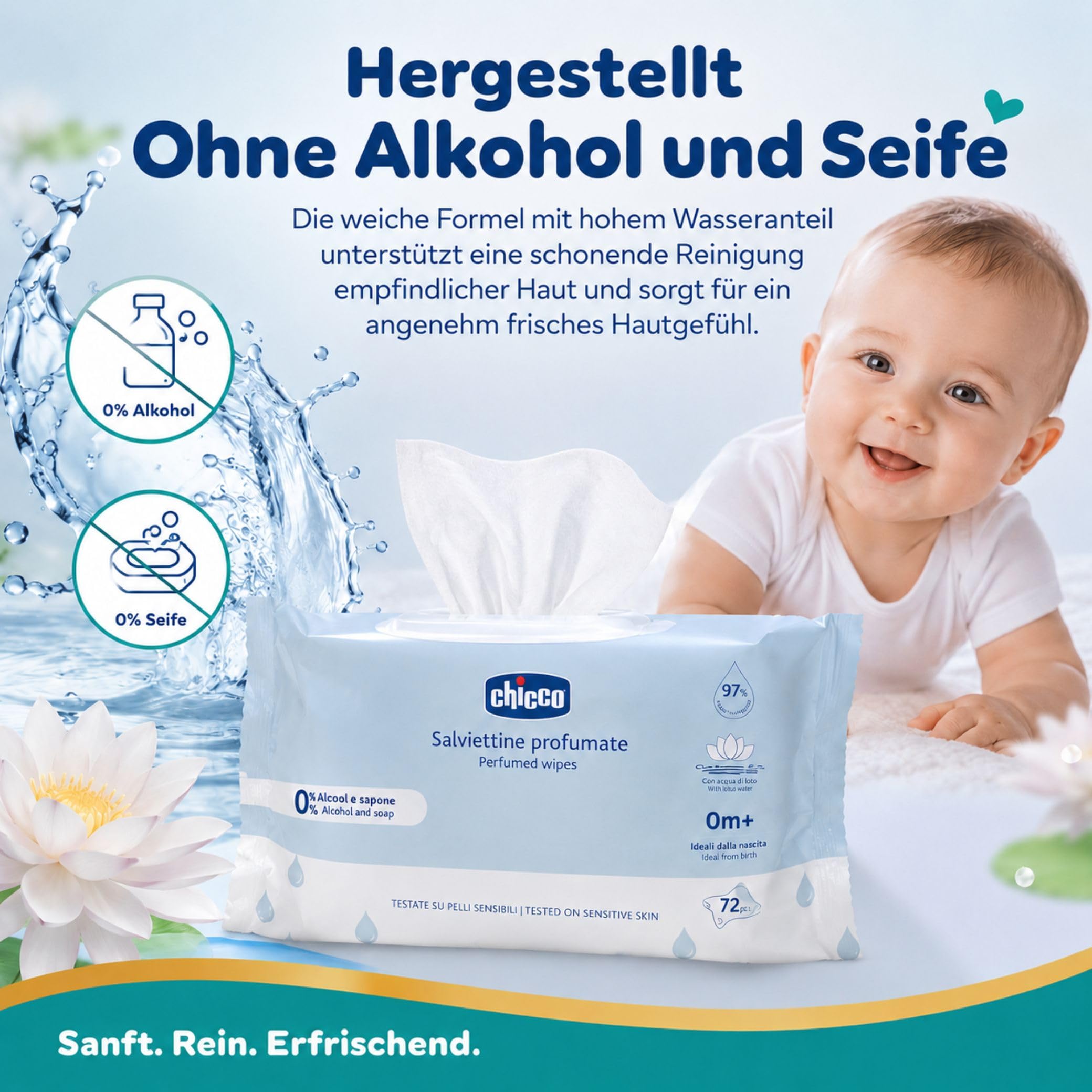 Chicco Feuchttücher Multipack, Set Windel Blaubär | Kinderhaus Blaubär: ohne Alkohol & Seife, mit Lotuswasser, für empfindliche Haut, 72 Tücher