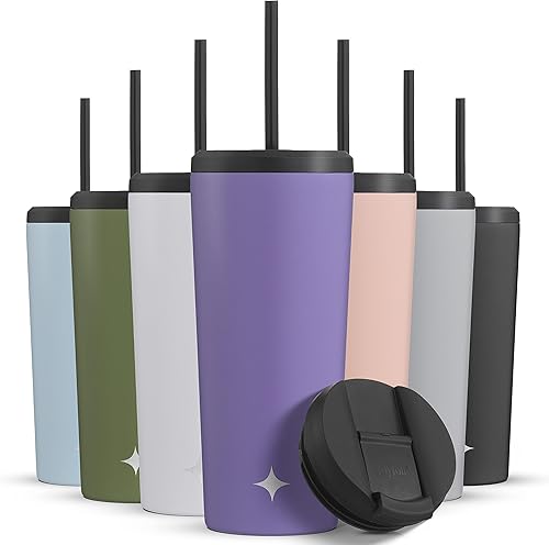 Vista 49 de JoyJolt Vaso aislado al vacío de 24 onzas con tapa y popote (2 de cada uno) vaso de acero inoxidable de doble pared al vacío, con forro de cobre