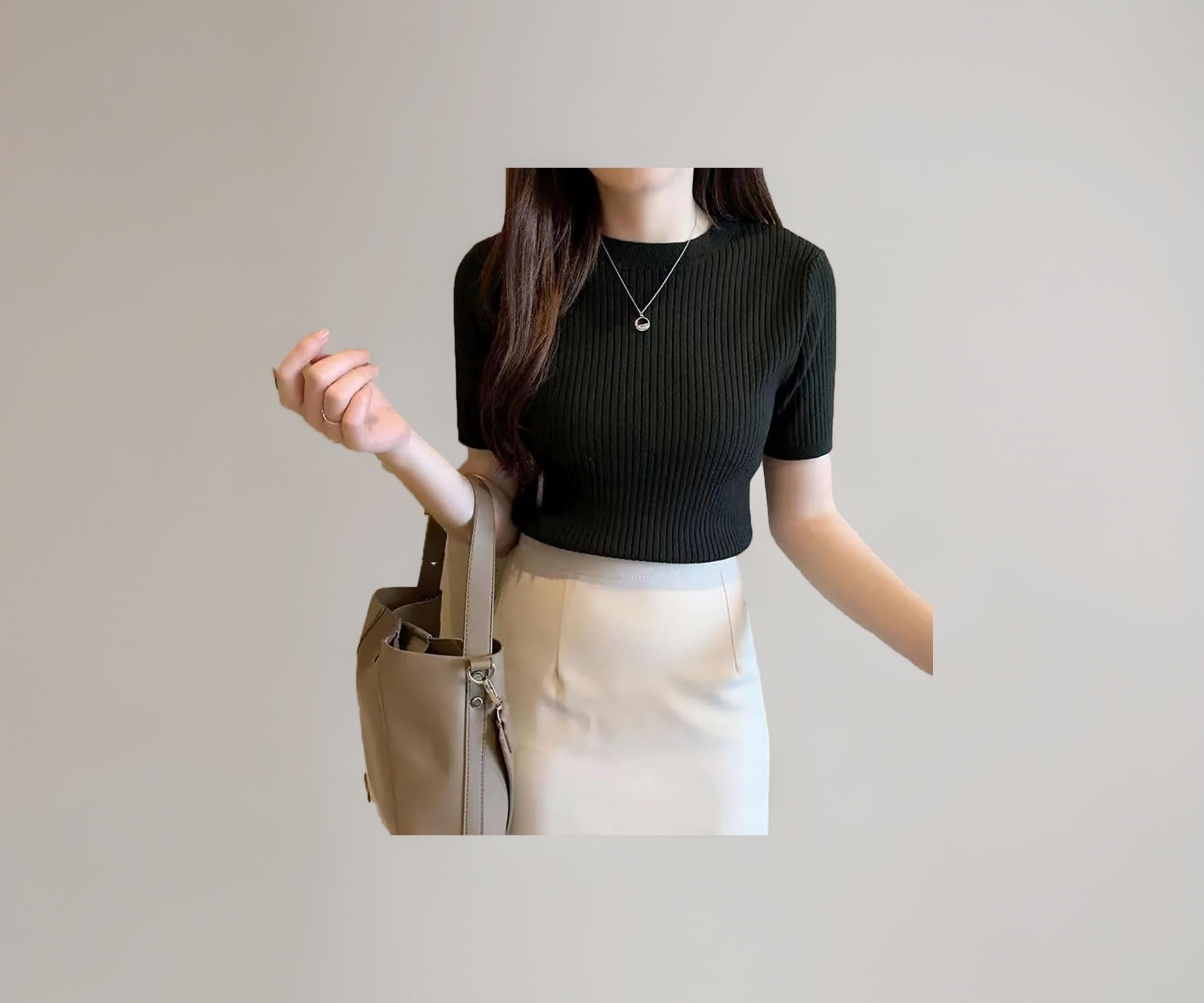 Women Ribbed Slim Fit Top | Stretch Cotton Knit Crew Neck T-Shirt | Solid Casual Short Sleeve Tee for Office, Layering