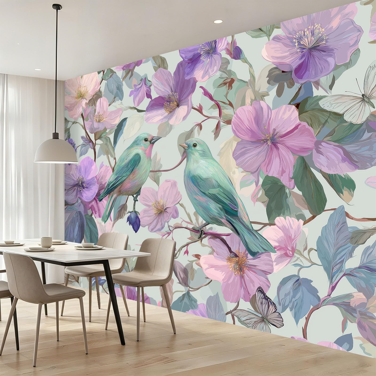 Fototapeta francuski ptak kwiatowy motyl zielony niebieski tapeta z włókniny dekoracja salonu sypialni kobiety, 300 x 210 cm