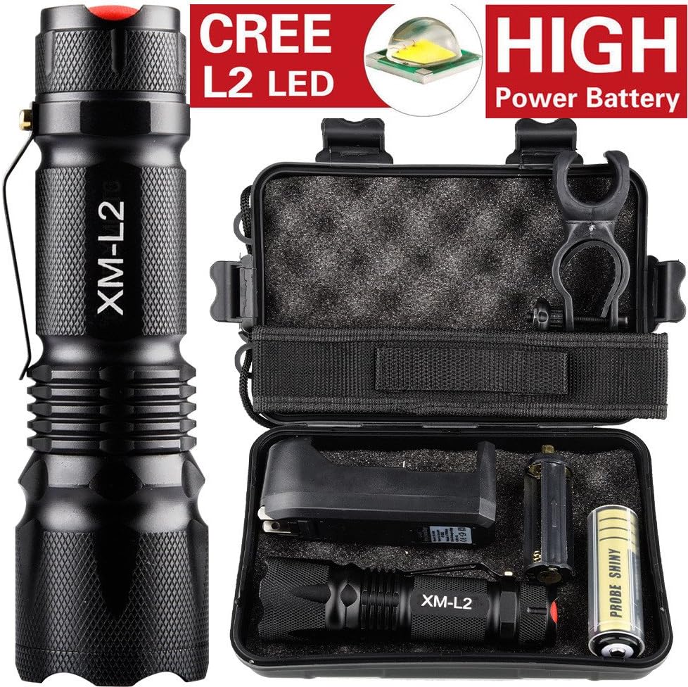 Shybuy 10000LM Super Bright 5 Modes Flashlight X800 Shadowhawk Tactical Military L2 LED Torch Gift Kit Rechargeable US Plug (Black)