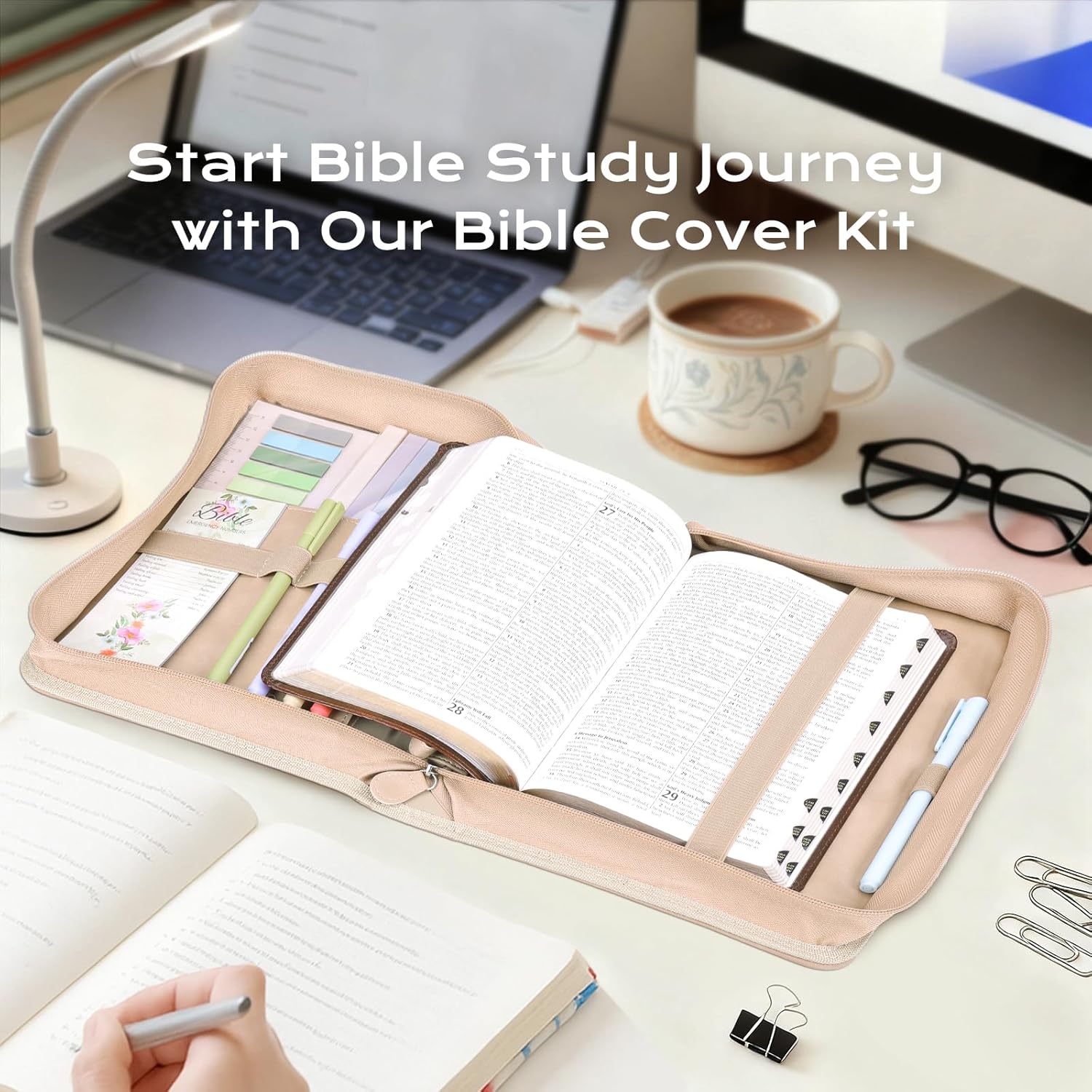 XKDOUS Bible Cover Case for Women, Leather Bible Bags with Study Supplies Journaling Kit, Gold Foiled Carrying Case Large Church Book Holder with Handle, Mothers Day Christian Gifts for Mom Lady