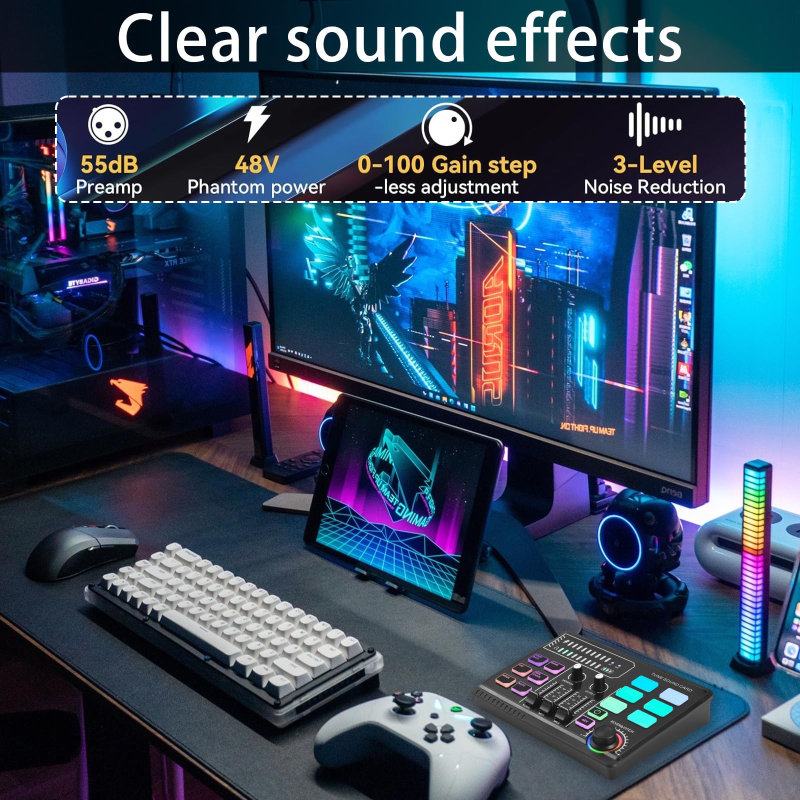 Mischpult, Gaming Audio Mixer Gaming Sachen RGB Soundkarte Audio-Interface mit Bluetooth Stimmverzerrer Funktion für PC/Phone/Gamer Creators/Live/YouTube/Individuelle Steuerung/Podcast