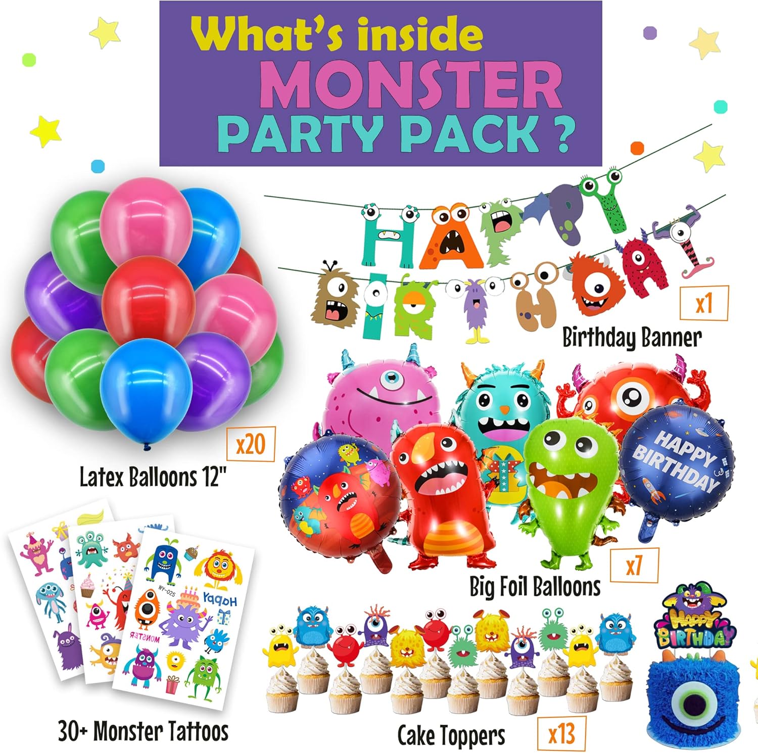 Monster Birthday Party Supplies and Decorations - Balloons, Cupcake & Cake Toppers, Banner, Tattoos