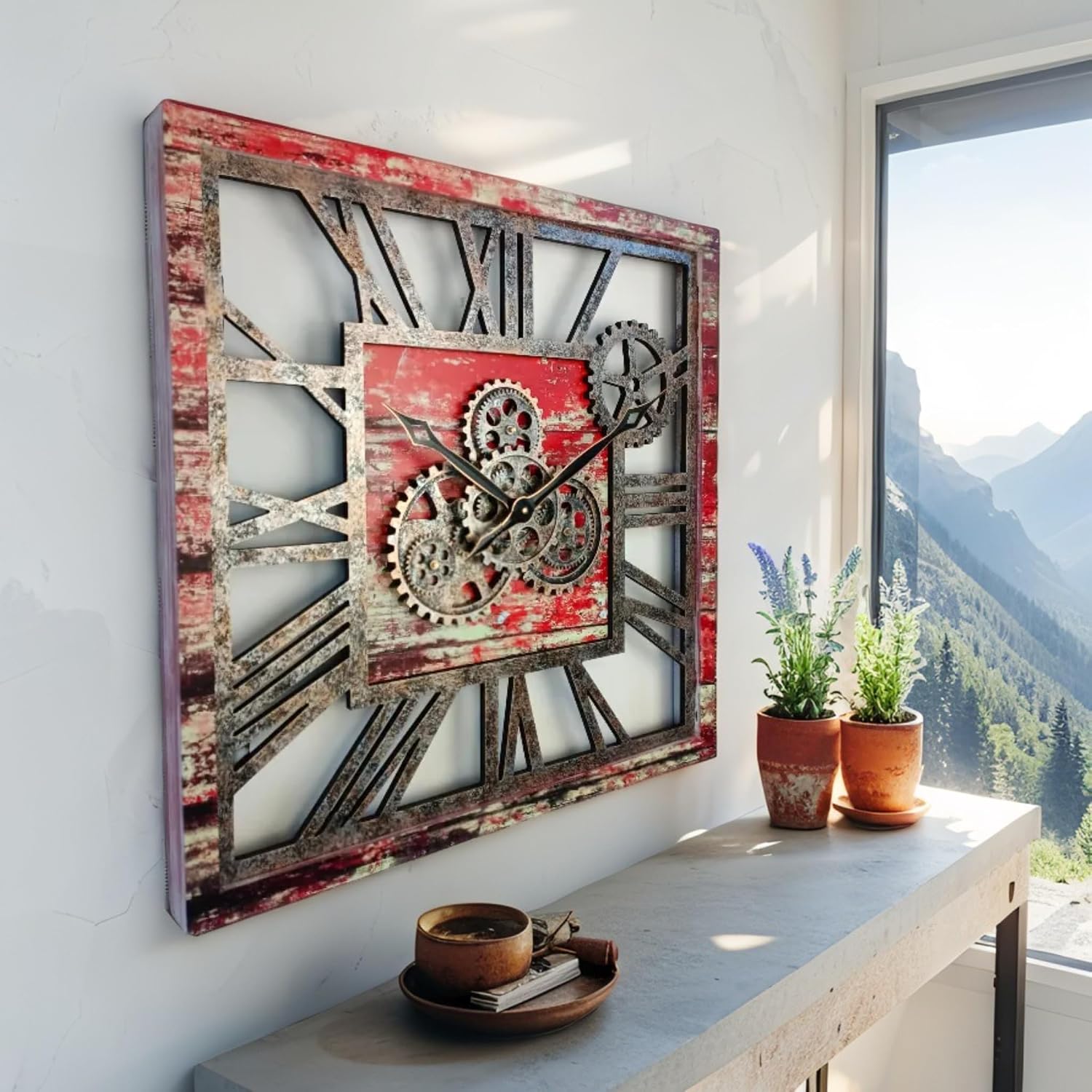 ImprovingLife The Gears Clock 24'' Inch Square Real Moving Gear Wall Clock Vintage Industrial Oversized Rustic Farmhouse (Red Lava)