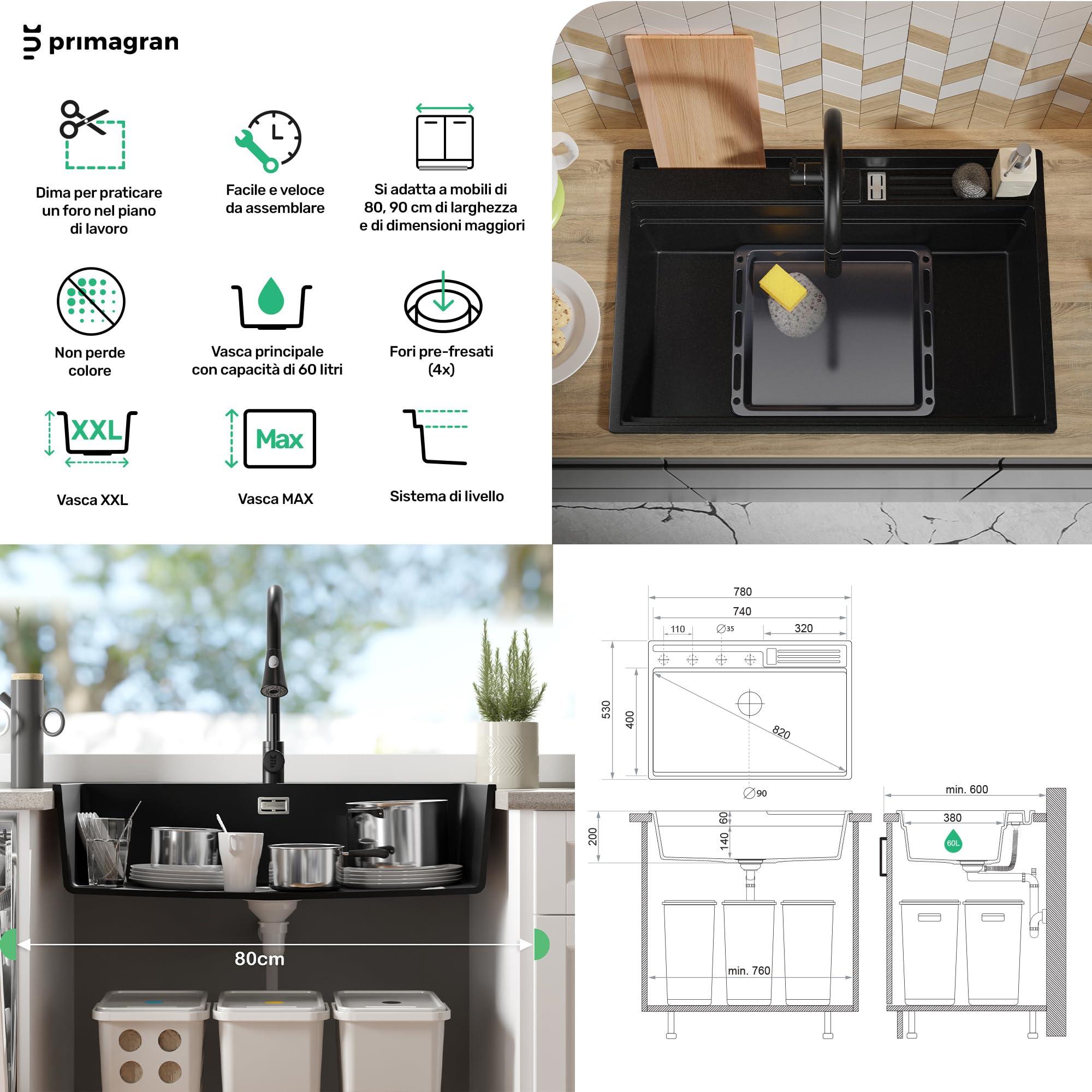 PRIMAGRAN Lavello da Cucina Nero 78x53cm, Lavandino in Granito a 1 vasca + Sifone Classico, Lavabo da Cucina Incasso al Mobile 80cm - Oslo Pocket S335
