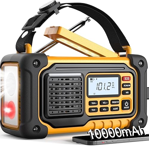 Emergency Weather Radio, AM/FM/SW/NOAA Hand Crank Radio with 37000mWh/10000mAh Portable Large Capacity, USB/Solar/Hand Crank Charging, AAA Battery Operated, SOS Alarm & Flashlight (Yellow)