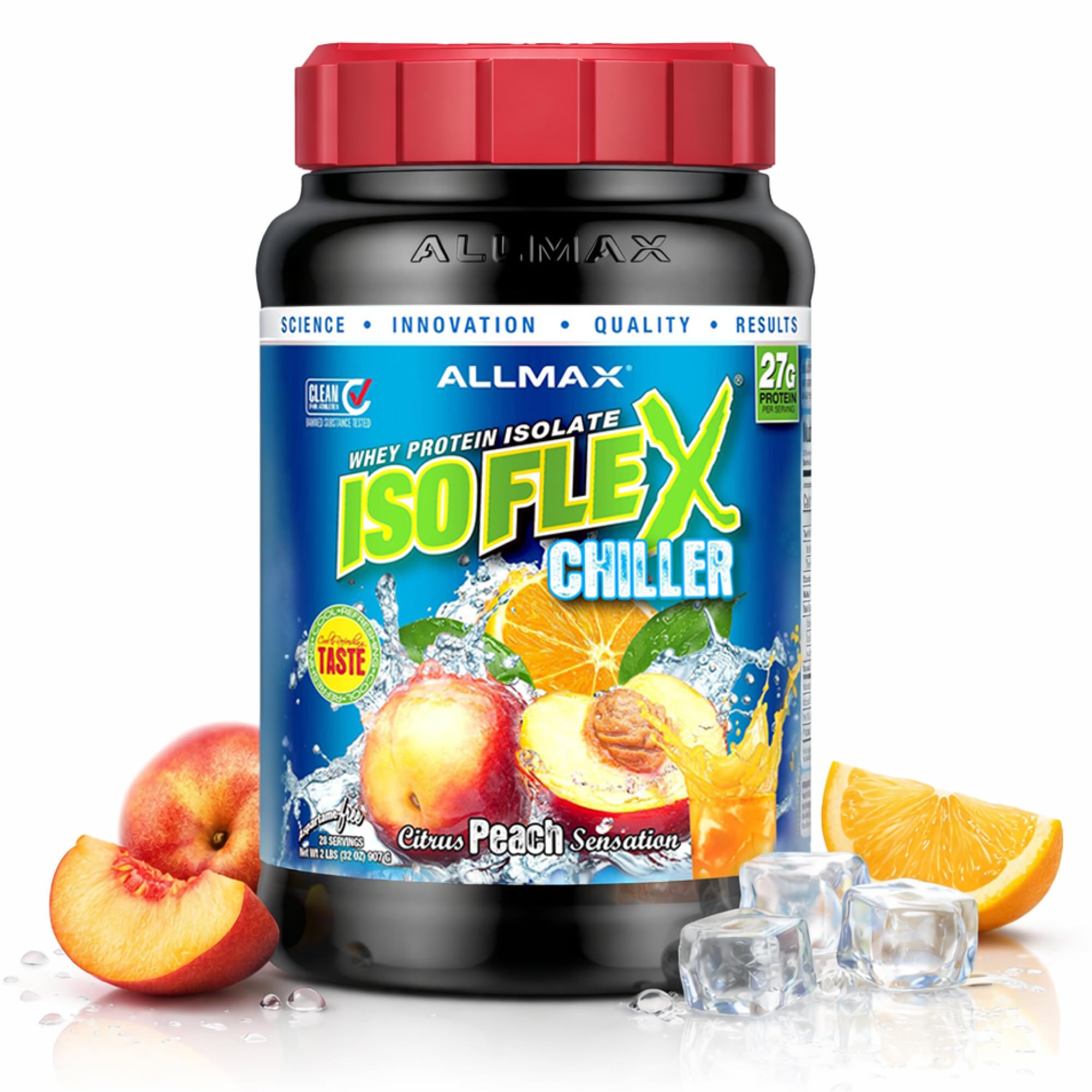 ALLMAX ISOFLEX Chiller Pure Whey Isolate Protein Powder – Gluten Free, Low Lactose, Sugar-Free – High-Protein, Clean, Keto-Friendly, Workout Supplement, Women and Men | Citrus Peach Sensation, 2lb