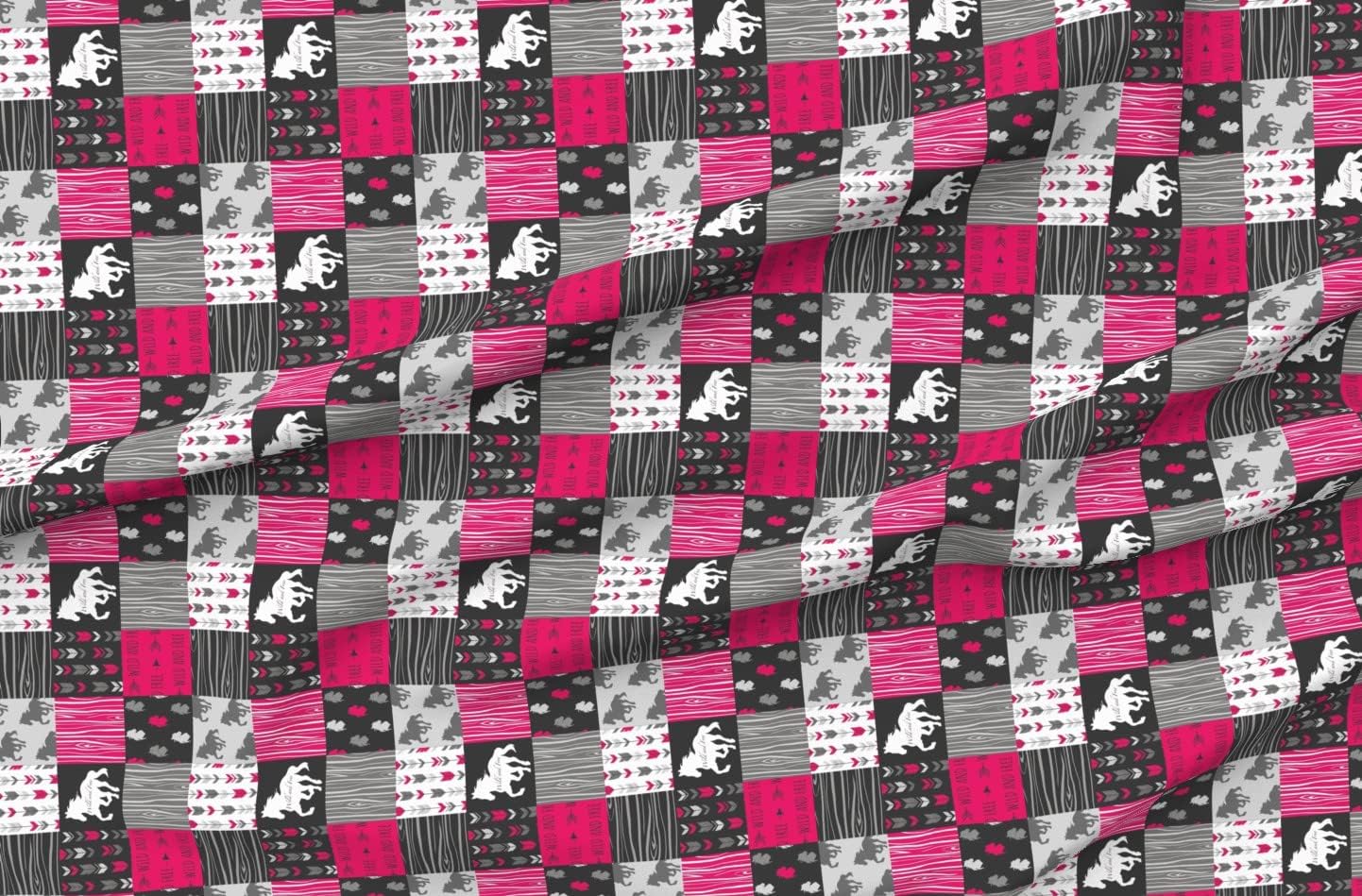Spoonflower Fabric - Wild Horses Patchwork Fuchsia Black Gray Horse Pink Printed on Organic Cotton Sateen Fabric by The Yard - Sewing Quilting Apparel Home Decor