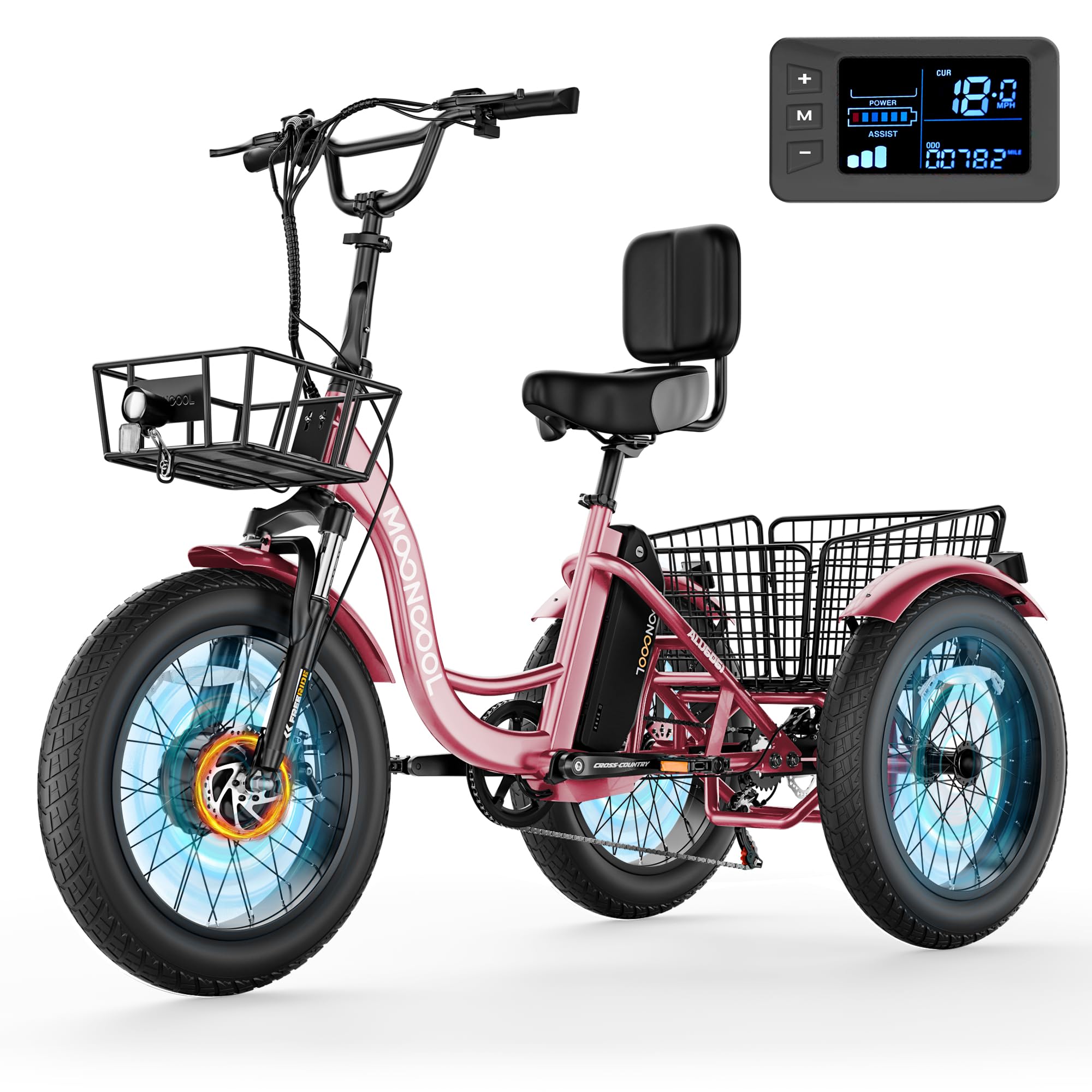 MOONCOOL Electric Tricycle for Adults, 20" x 4" Fat Tire Electric Trike, 48V 500W Motorized Electric Bicycle Bikes, 3 Wheels 7 Speed Ebike with Removable Battery, Aluminum Frame &amp; Large Basket