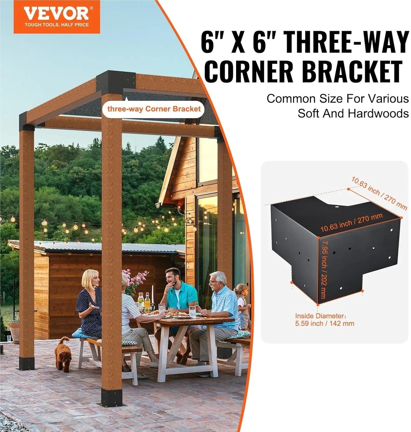 Pergola Bracket Kit 6''x6'', 4pcs 3-Way Heavy Duty Corner Bracket Woodworks DIY Post Base Kit, Easy Installation Wooden Beams f