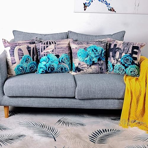 Miniatura 4 de Juego de 4 fundas de almohada turquesa de 20 x 20 pulgadas, color verde azulado, gris aguamarina, funda de almohada rosa para sofá, sofá, floral,