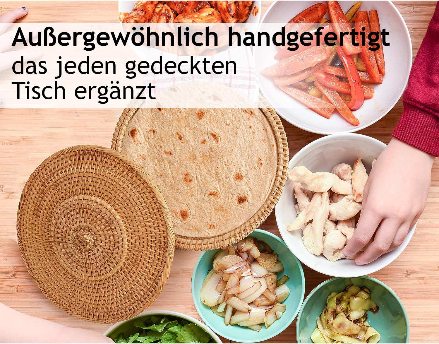 Tortillada - Tortilla Wärmer 26 cm aus Rattan – Handgemachter Brotkorb für Tortillas, Wraps und Fladenbrot – Wärmekorb inkl. Baumwolltuch für Küche & Haushalt, hält Speisen warm