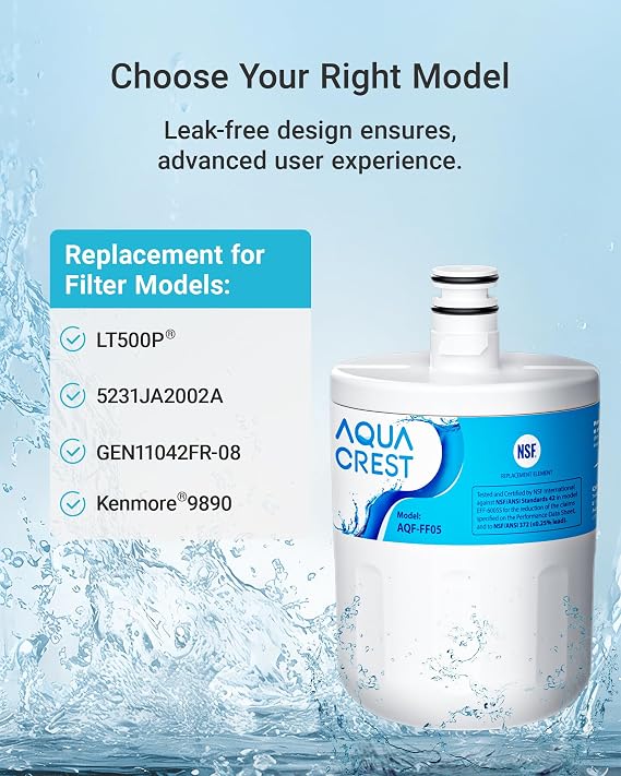 AQUA CREST 5231JA2002A Refrigerator Water Filter, Replacement for LG LT500P, GEN11042FR-08, ADQ72910911, ADQ72910901, ADQ72910907, Kenmore 9890, LFX25974ST, LMX25964ST, 3 Filters